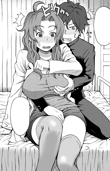 itou eito, kusanagi tonbo, character request, 1boy, 1girl, bed, blank speech bubble, breasts, comic, grabbing another's breast, greyscale, groping, hetero, huge breasts, monochrome, pencil skirt, school uniform, skirt, speech bubble, thighhighs, thought bubble