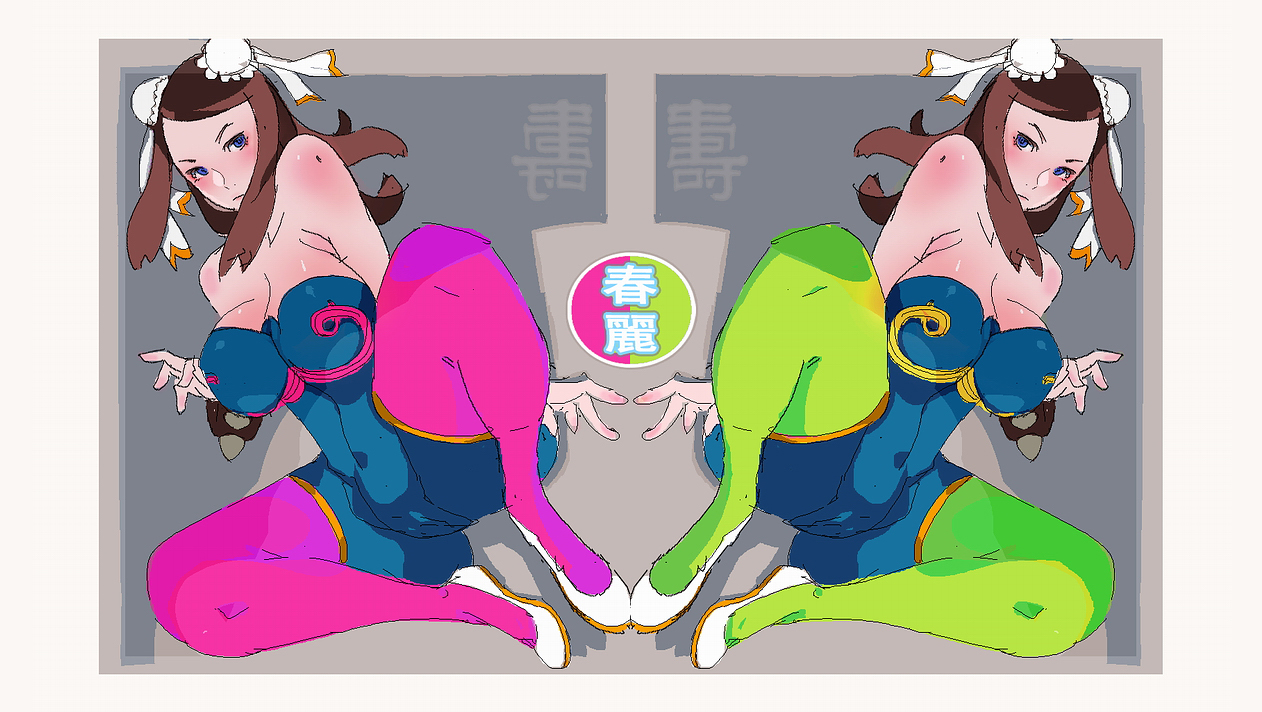 evil-ss, chun-li, capcom, street fighter, street fighter iv (series), 1girl, breasts, brown hair, bun cover, cleavage, double bun, green pantyhose, hair bun, large breasts, pantyhose, pink pantyhose, symmetry