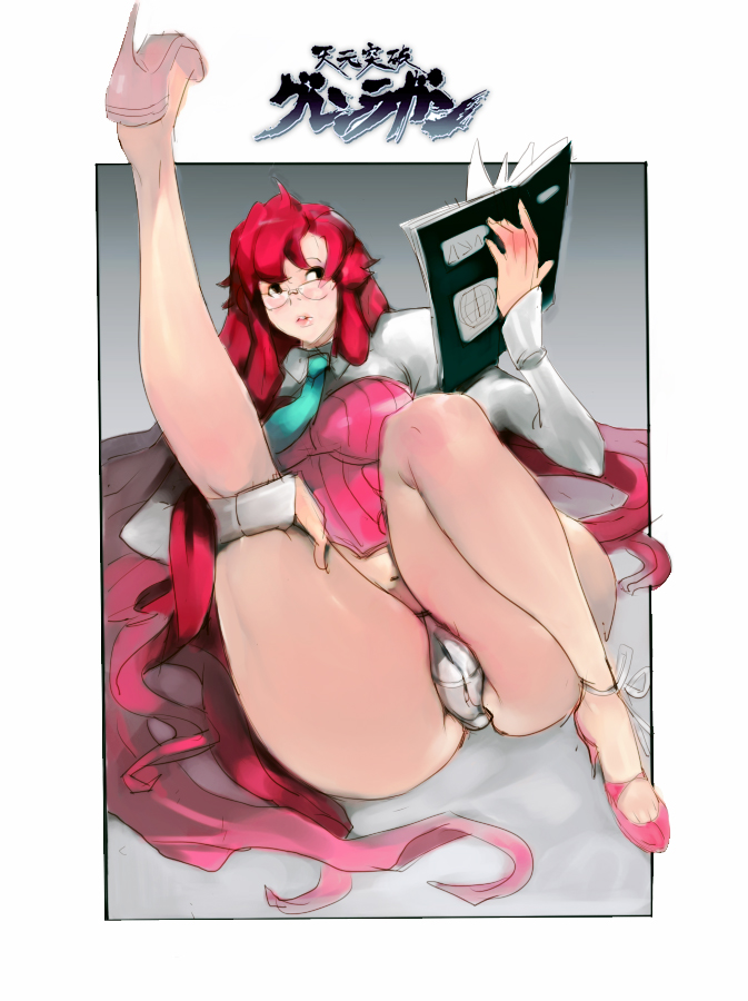 evil-ss, yoko littner, yomako, tengen toppa gurren lagann, 00s, 1girl, aged up, ass, book, cameltoe, female focus, glasses, high heels, huge ass, leg up, long hair, necktie, panties, pantyshot, red hair, shoes, solo, teacher, thick thighs, thighs, underwear, very long hair