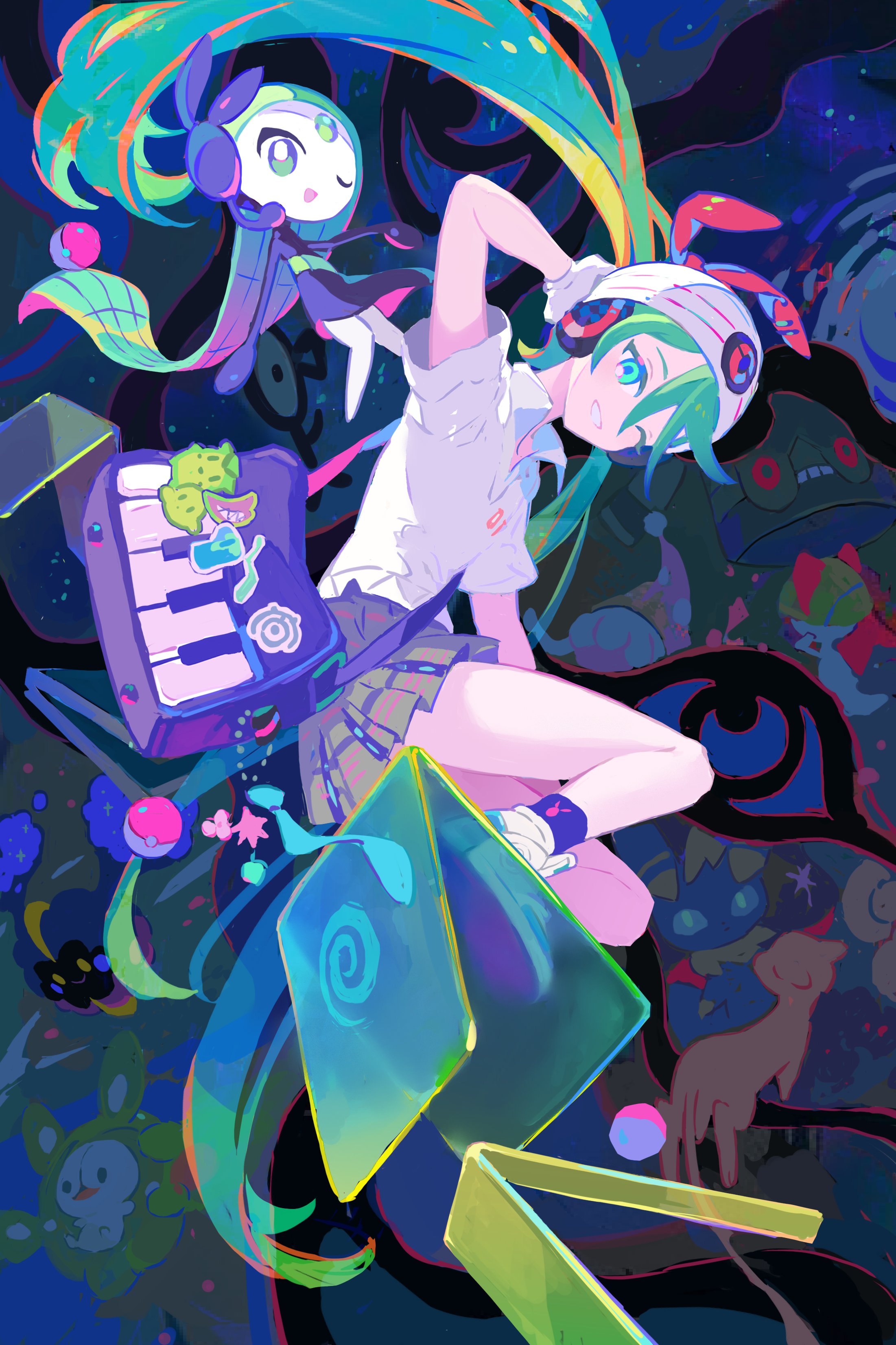 akaneu, hatsune miku, meloetta, meloetta (aria), psychic miku (project voltage), pokemon, project voltage, vocaloid, beanie, gen 5 pokemon, gloves, hat, legendary pokemon, mythical pokemon, piano print, poke ball, poke ball (basic), shirt, skirt, twintails, white shirt