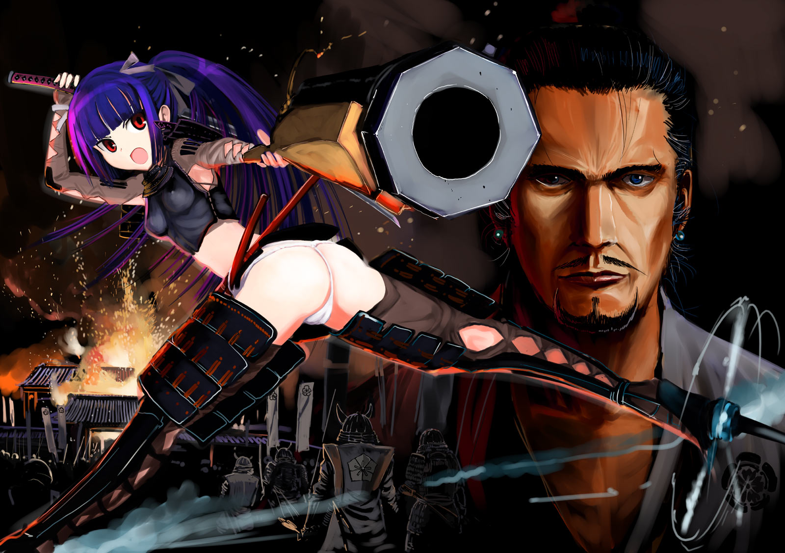 nogami takeshi, mori ranmaru, oda nobunaga, strike witches, world witches series, bad id, bad pixiv id, highres, 00s, 1boy, 1girl, antique firearm, architecture, armor, army, ass, banner, battle, blue hair, bow, east asian architecture, facial hair, fire, firelock, flag, foreshortening, fundoshi, goatee, gun, helmet, horns, japanese armor, japanese clothes, katana, musket, mustache, nobori, open mouth, panties, ponytail, projected inset, purple hair, red eyes, samurai, striker unit, sword, thighhighs, underwear, weapon