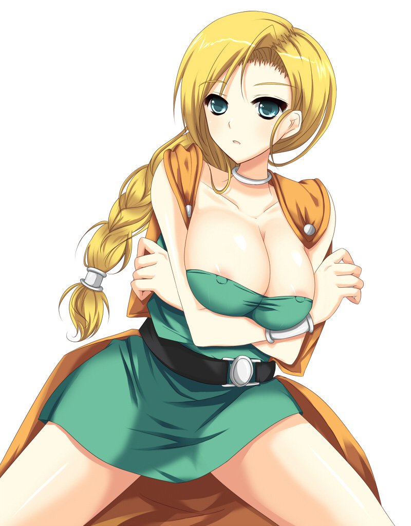 kazumi yoshizu, bianca (dq5), dragon quest, dragon quest v, 1girl, belt, blonde hair, blue eyes, braid, breasts, cape, choker, cleavage, female focus, green eyes, large breasts, long hair, nipple slip, nipples, single braid, solo