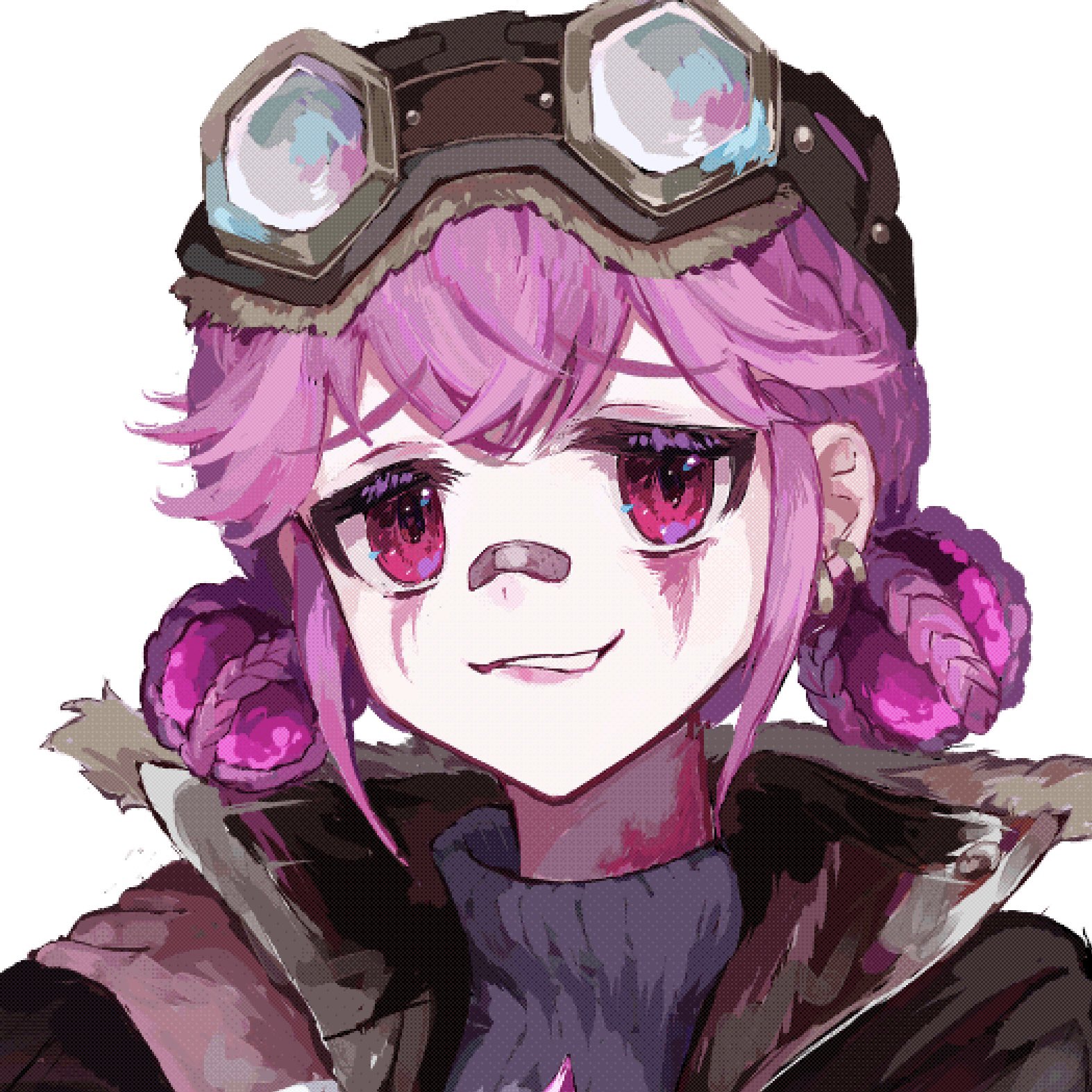 lily barriere, lily barriere (fluorite), identity v, commentary, highres, symbol-only commentary, 1girl, :3, a4357, bandaid, bandaid on face, bandaid on nose, ear piercing, fur-trimmed collar, fur trim, goggles, goggles on head, hair ornament, makeup, official alternate costume, piercing, pink eyes, pink hair, pink lips, pink theme, popped collar, portrait, runny makeup, sidelocks, smirk, solo, sphere hair ornament, turtleneck