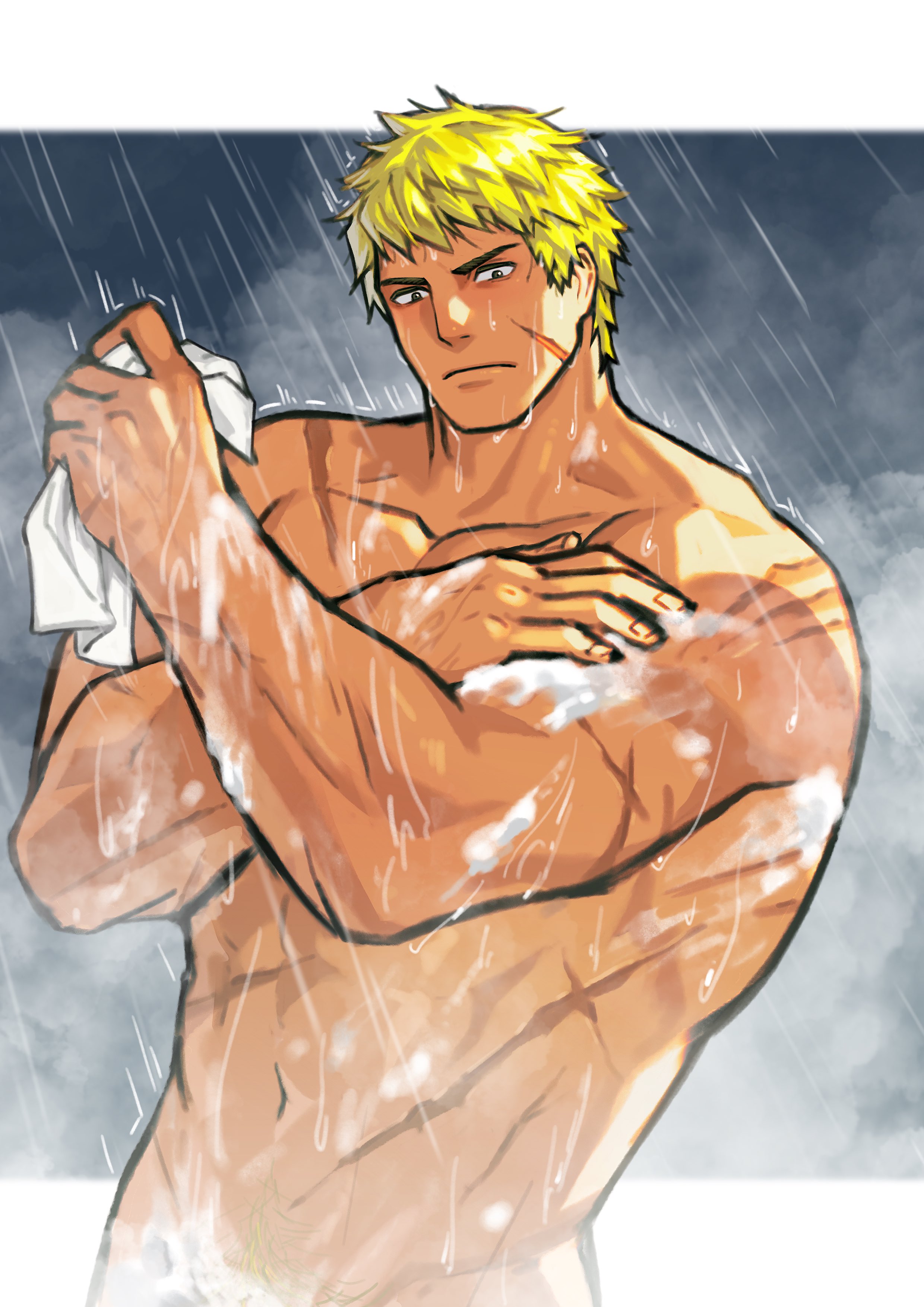 zhuganchangjiadan, cormag (fire emblem), fire emblem, fire emblem: the sacred stones, nintendo, absurdres, chinese commentary, commentary request, highres, 1boy, abs, bara, blonde hair, closed mouth, completely nude, cross scar, holding, holding towel, looking down, male focus, multiple scars, muscular, muscular male, navel, nude, pectorals, pubic hair, pubic hair peek, scar, scar on arm, scar on face, scar on shoulder, scar on stomach, showering, soap, towel, upper body, wet