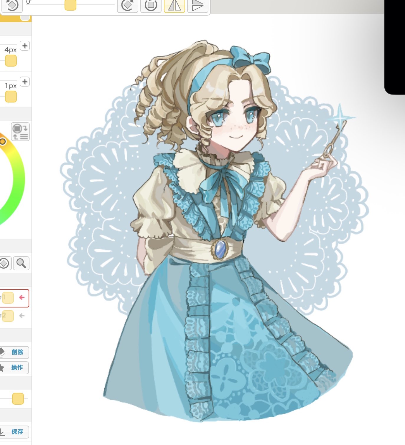 alice deross, alice deross (alice in dreamland), identity v, commentary request, highres, 1girl, a4357, arm behind back, art program in frame, blonde hair, blue bow, blue dress, blue eyes, blue hairband, blue ribbon, bow, bow hairband, dress, drill hair, drill sidelocks, freckles, hair intakes, hairband, key, looking at viewer, neck ribbon, no nose, official alternate costume, puffy sleeves, ribbon, shirt, sidelocks, solo, too many drills, white shirt