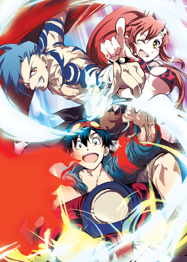 soyoking, kamina (ttgl), lagann, simon (ttgl), yoko littner, tengen toppa gurren lagann, bad id, bad pixiv id, 00s, 1girl, 2boys, bikini, bikini top only, blue hair, breasts, goggles, goggles on head, multiple boys, one eye closed, pointing, ponytail, red hair, sideboob, swimsuit, underboob, wink