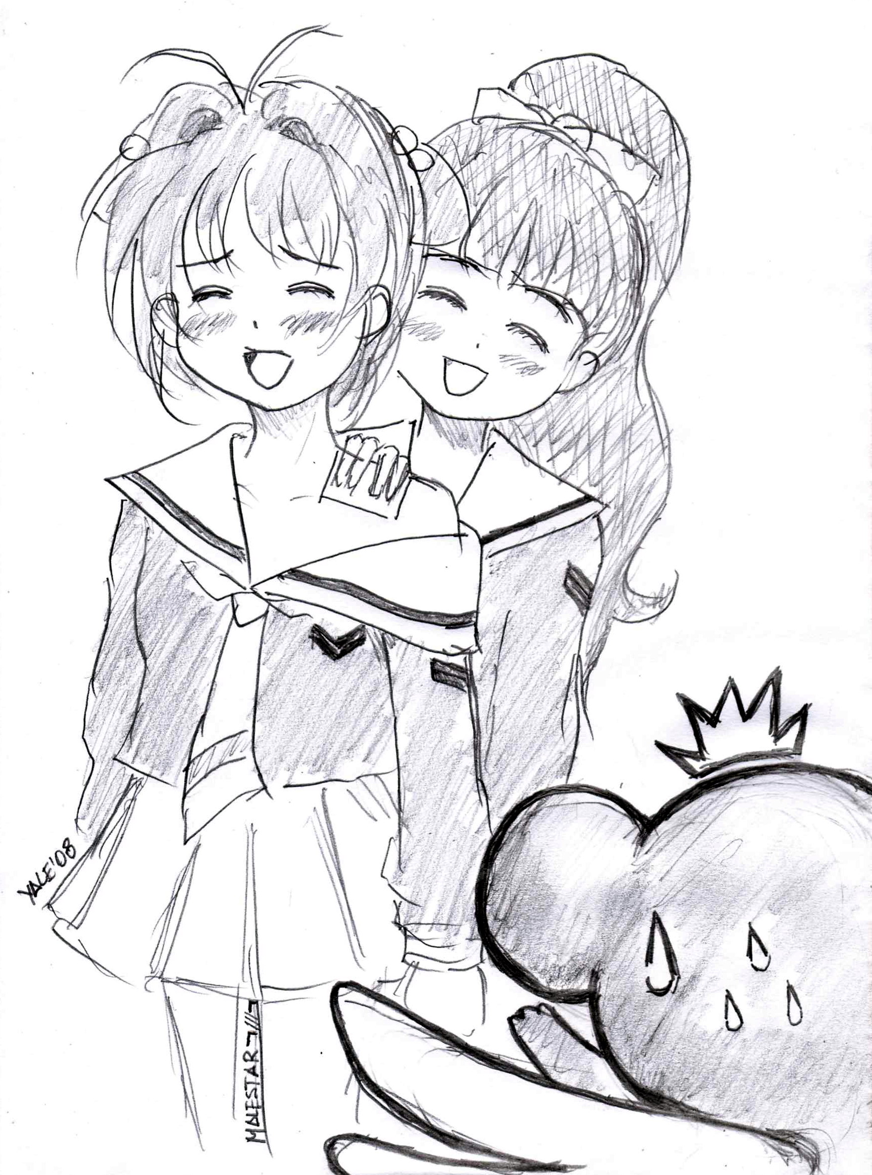 malestar, daidouji tomoyo, kero (cardcaptor sakura), kinomoto sakura, cardcaptor sakura, highres, non-web source, self-upload, 1990s (style), 2girls, blush, greyscale, high ponytail, long hair, monochrome, multiple girls, ponytail, retro artstyle, short hair, simple background, sketch, smile, sweatdrop, white background