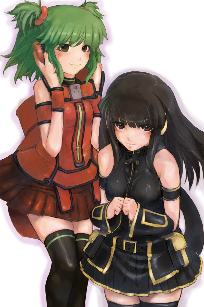 taishi (artist), taishi (picchiridou), hinazuki ririna, hishimiya tsugaru, beatmania iidx, beatmania iidx 8th style, bemani, bad id, bad pixiv id, highres, 2girls, black hair, green hair, multiple girls, red eyes, sleeveless, thighhighs, twintails