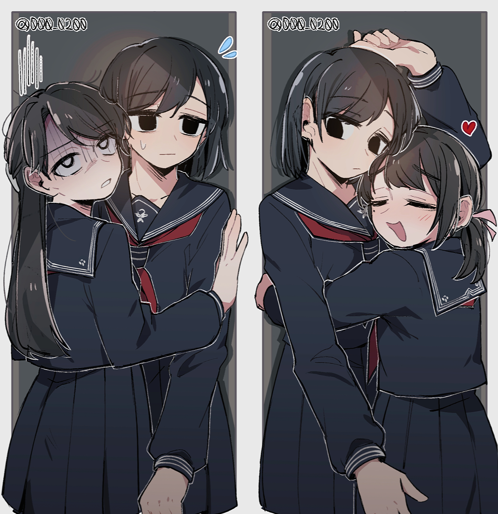 an sin, igarashi sakuko, nishida rinko, shimizu hinako, silent hill (series), silent hill f, commentary, highres, 3girls, black hair, black sailor collar, black serafuku, black skirt, closed eyes, hair ribbon, heart, hug, long hair, long sleeves, medium hair, multiple girls, neckerchief, open mouth, parted lips, pink ribbon, pleated skirt, red neckerchief, ribbon, sailor collar, school uniform, serafuku, shaded face, short twintails, skirt, sweatdrop, teeth, twintails, twitter username