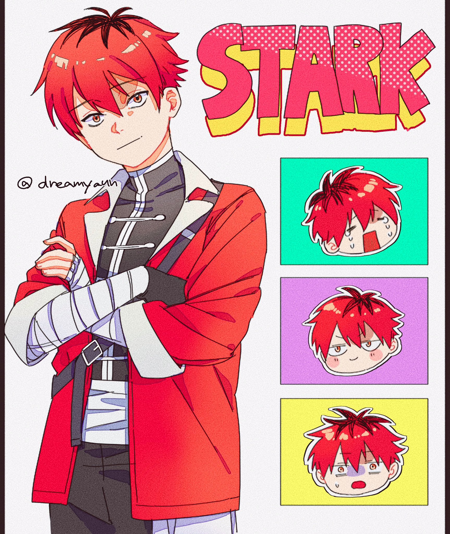 onka (aun ka28), stark (sousou no frieren), sousou no frieren, commentary request, highres, 1boy, = =, bandaged arm, bandages, brown hair, character name, crossed arms, crying, gloves, jacket, light smile, male focus, multicolored hair, multiple expressions, open mouth, red eyes, red hair, red jacket, roots (hair), single glove, solo, tears, twitter username, two-tone hair, upper body