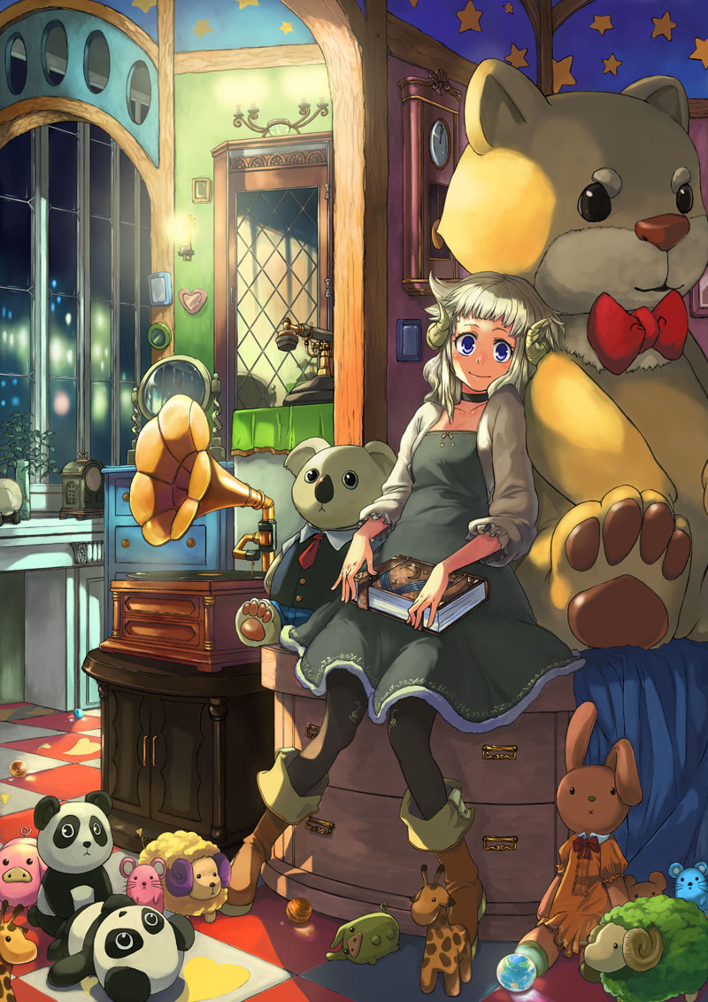 ponzu (catponz), original, blue eyes, boots, dress, horns, night, phonograph, smile, solo, stuffed animal, stuffed toy