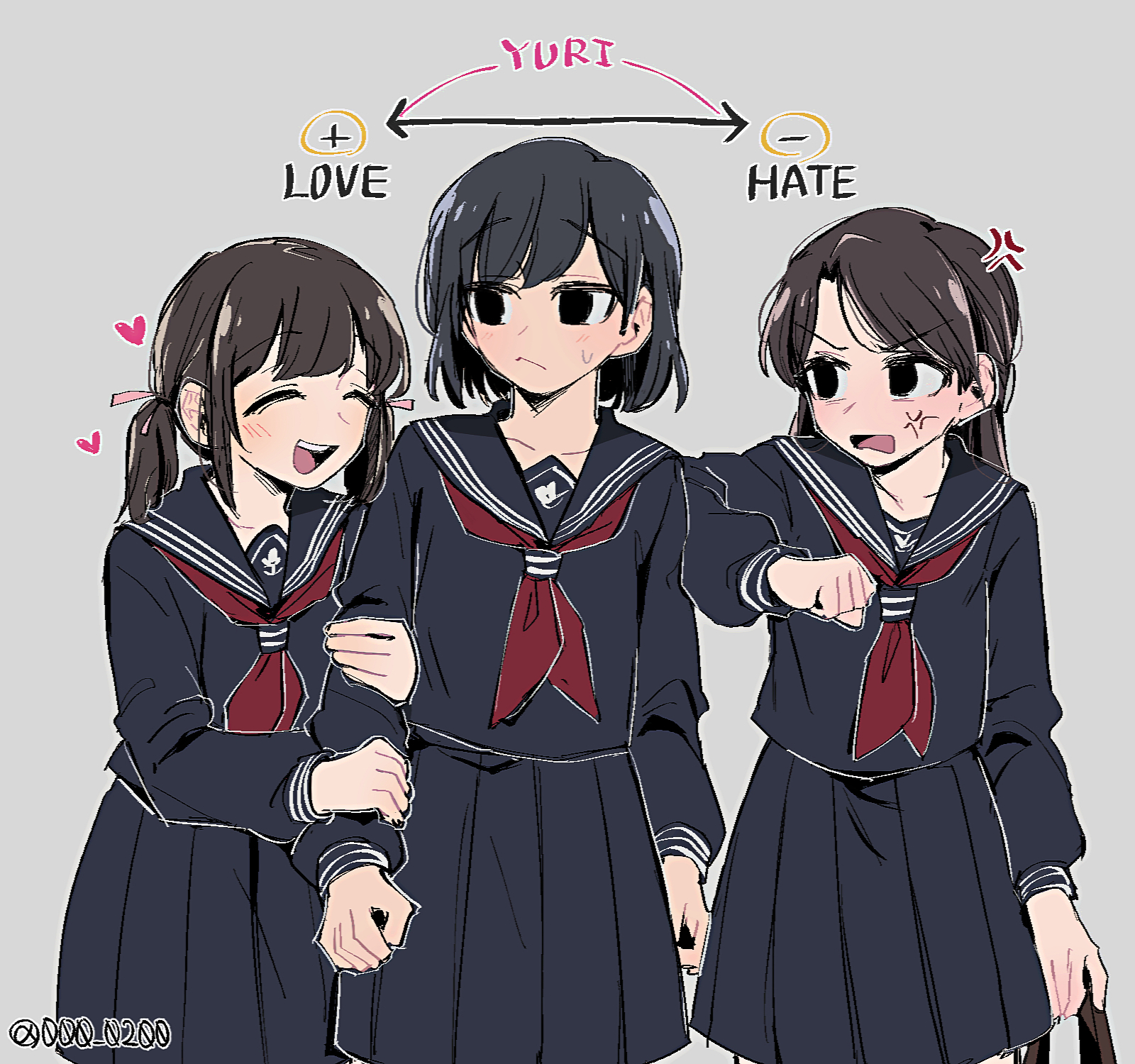 an sin, igarashi sakuko, nishida rinko, shimizu hinako, silent hill (series), silent hill f, commentary, highres, 3girls, anger vein, arm hug, black hair, black sailor collar, black shirt, black skirt, brown hair, closed eyes, english text, grey background, long hair, long skirt, medium hair, multiple girls, neckerchief, open mouth, pleated skirt, red neckerchief, sailor collar, school uniform, shirt, short twintails, simple background, skirt, sweatdrop, teeth, twintails, twitter username, upper teeth only, yuri