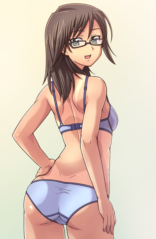 e20, houzumi satsuki, original, 1girl, ass, back, blue bra, blue panties, bra, brown hair, cameltoe, dimples of venus, female focus, glasses, green eyes, hand on own hip, hip focus, lingerie, long hair, looking back, one-piece tan, panties, simple background, solo, standing, tan, tanline, underwear, underwear only
