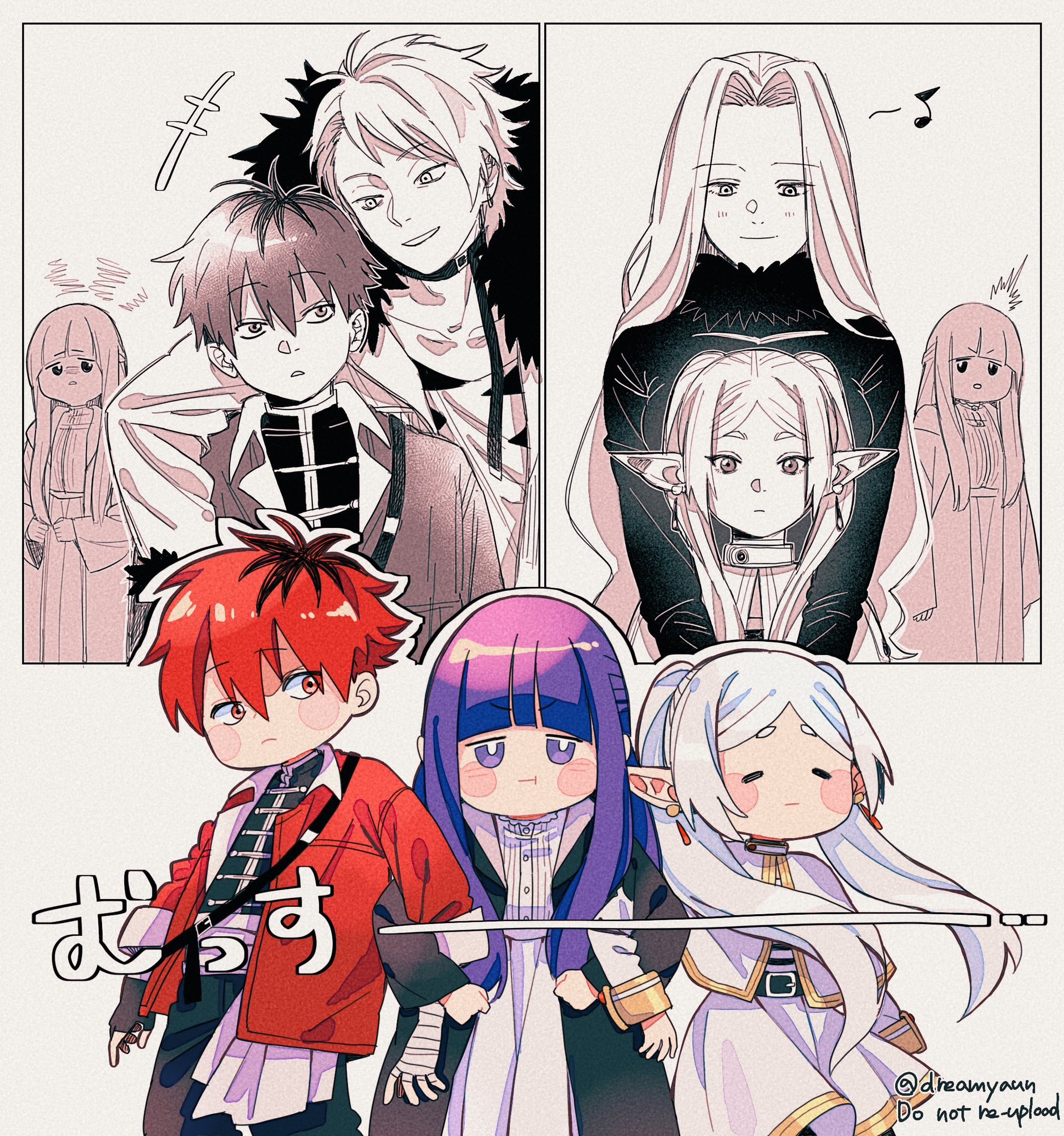 onka (aun ka28), fern (sousou no frieren), frieren, methode (sousou no frieren), stark (sousou no frieren), wirbel (sousou no frieren), sousou no frieren, commentary, highres, 2boys, 3girls, = =, arm around neck, bandaged hand, bandages, black coat, blunt bangs, blush stickers, brown hair, capelet, coat, earrings, fingerless gloves, fur-trimmed coat, fur trim, gloves, hair intakes, height difference, jacket, jealous, jewelry, locked arms, multicolored hair, multiple boys, multiple girls, partially colored, pointy ears, pout, purple eyes, purple hair, red hair, red jacket, roots (hair), single fingerless glove, skirt, teardrop earrings, twintails, twitter username, two-tone hair, white capelet, white skirt