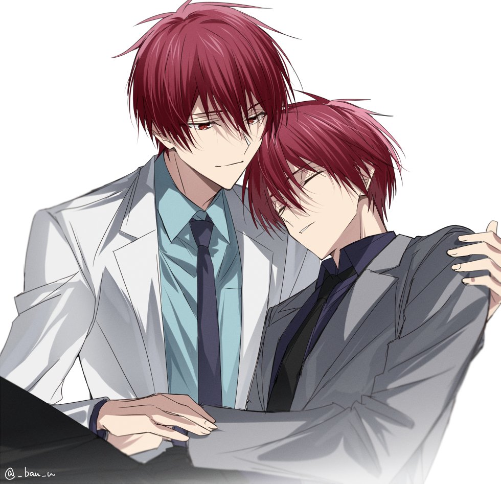 akashi seijuurou, kuroko no basuke, commentary request, 2boys, bau u, black necktie, blue necktie, blue shirt, closed mouth, collared shirt, dual persona, grey jacket, hand on another's shoulder, jacket, long sleeves, male focus, multiple boys, necktie, red eyes, red hair, school uniform, shirt, simple background, smile, suit jacket, white background, white jacket, wing collar