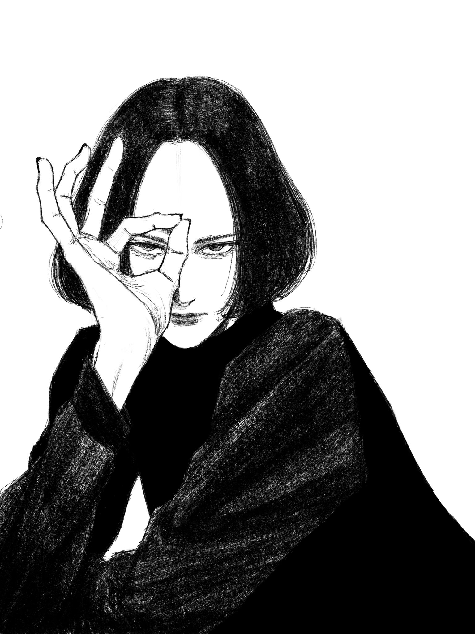 tp p pt, original, highres, 1girl, black hair, greyscale, long hair, looking at another, monochrome, ok sign, ok sign over eye, solo, straight-on, white background