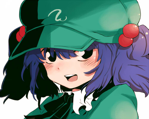 am (going nowhere), toco, kawashiro nitori, touhou, bad id, bad pixiv id, lowres, 1girl, blue hair, blush, female focus, hair bobbles, hair ornament, hat, portrait, smile, solo, two side up