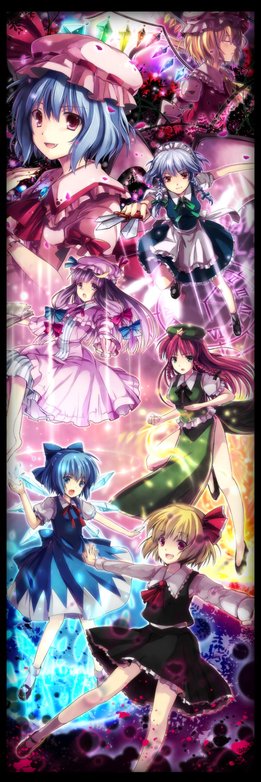 6u (eternal land), kiyu, cirno, flandre scarlet, hong meiling, izayoi sakuya, patchouli knowledge, remilia scarlet, rumia, embodiment of scarlet devil, touhou, silver hair, duplicate, highres, 6+girls, bat wings, blonde hair, blue eyes, blue hair, book, braid, china dress, chinese clothes, dress, hair ribbon, hat, knife, long hair, maid headdress, multiple girls, ponytail, purple eyes, purple hair, red eyes, red hair, ribbon, short hair, side ponytail, twin braids, wings