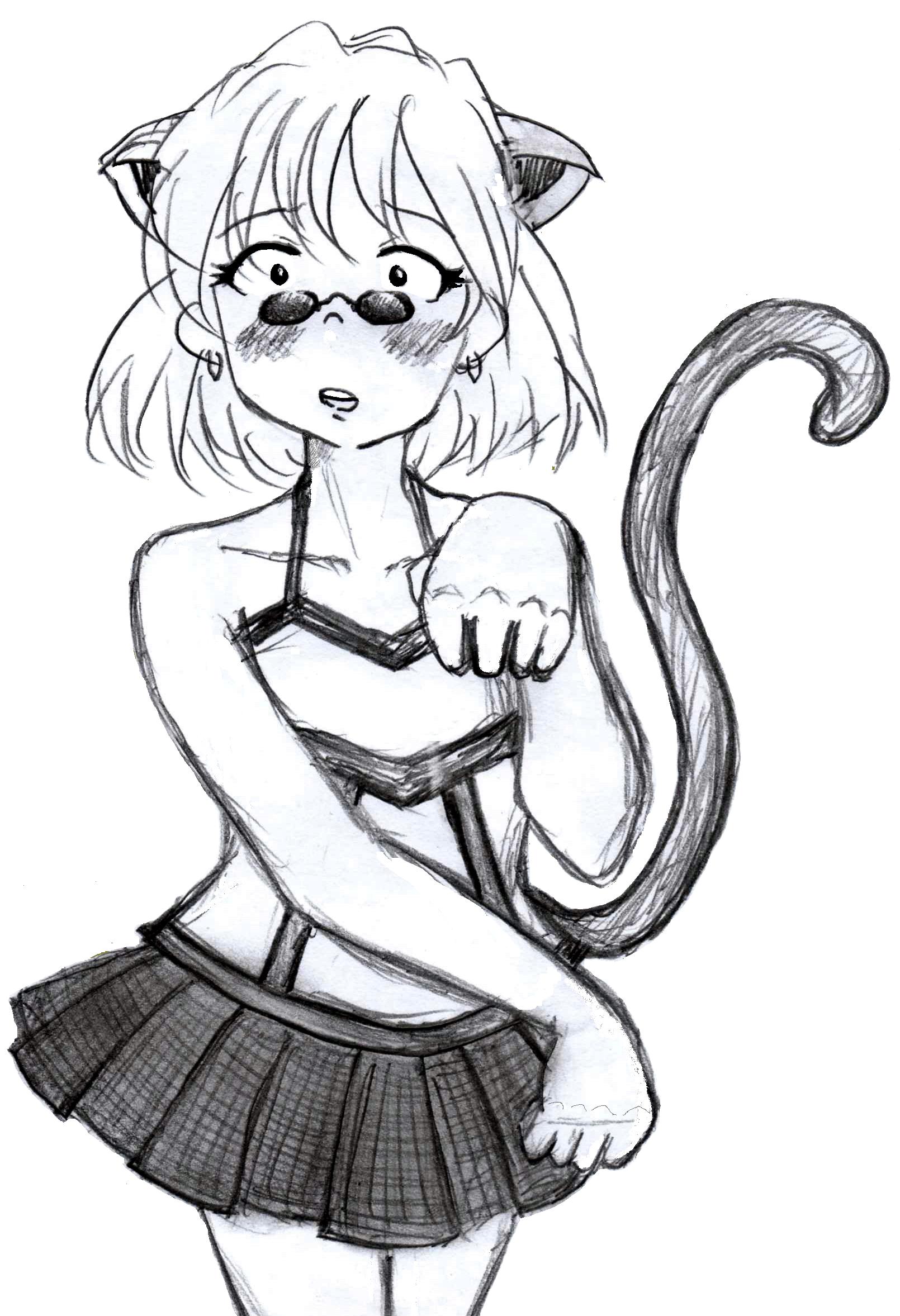 malestar, original, highres, non-web source, self-upload, animal ears, blush, cat ears, cat tail, monochrome, solo, sunglasses, tail