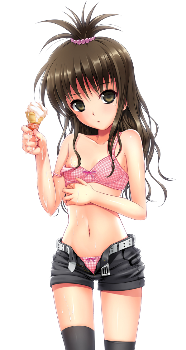 40010prototype, mizuki toko, yuuki mikan, to love-ru, messy, 00s, 1girl, adjusting bra, adjusting clothes, bare shoulders, belt, blush, bow, bow bra, bow panties, bra, breasts, brown eyes, brown hair, checkered clothes, checkered panties, female focus, flat chest, food, gingham, ice cream, lingerie, loli, long hair, midriff, navel, nipple slip, nipples, open belt, open fly, panties, pink bra, pink panties, plaid bra, plaid clothes, plaid panties, short shorts, shorts, simple background, solo, strap slip, thighhighs, unbuckled, unbuttoned, underwear, unzipped, wardrobe malfunction, zipper, zipper pull tab