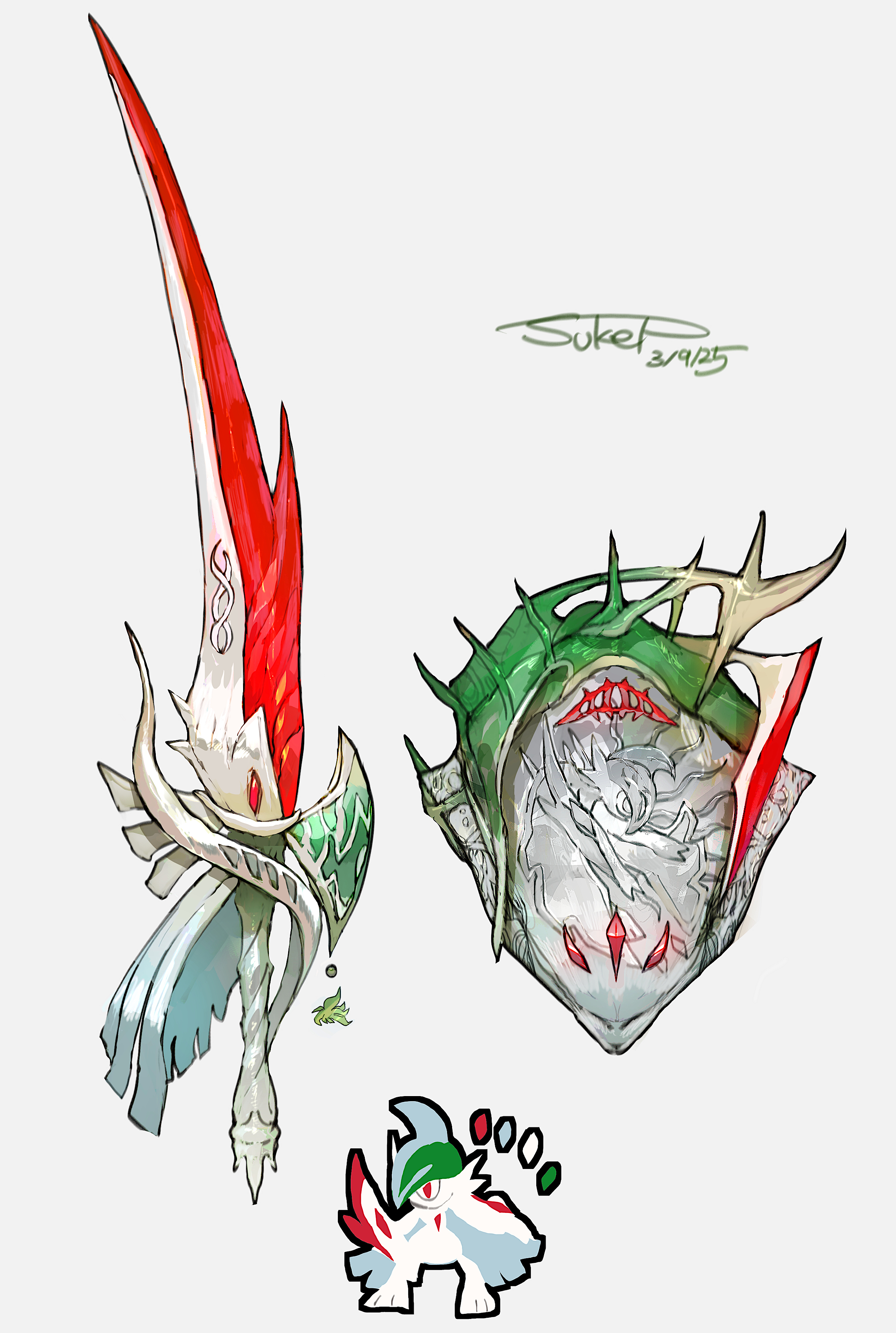 sukepmonster, gallade, mega gallade, nintendo, pokemon, absurdres, commentary request, highres, chibi, chibi inset, dated, gem, gen 4 pokemon, glowing, glowing weapon, green trim, mega pokemon, pokemon (creature), red gemstone, red trim, shield, signature, spikes, sword, weapon, weapon focus, white background