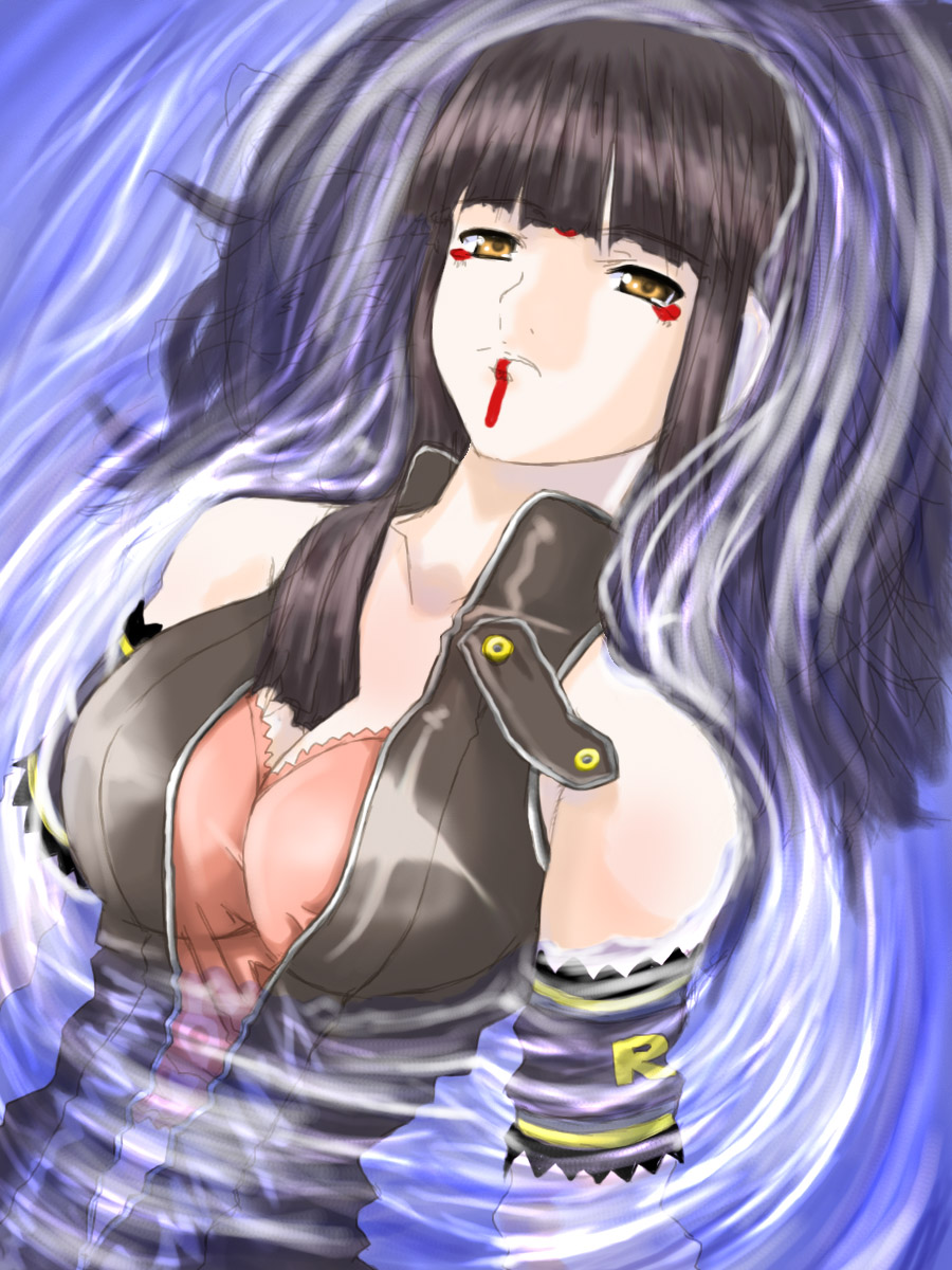 chiyosuke, hinazuki ririna, beatmania iidx, bemani, highres, 1girl, black hair, breasts, cleavage, female focus, solo, water, yellow eyes