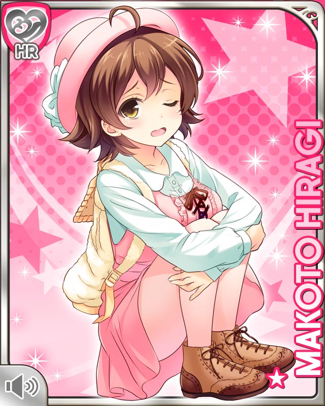 qp:flapper, hiragi makoto (girlfriend (kari)), girlfriend (kari), official art, 1girl, ;o, ahoge, backpack, bag, breasts, brown eyes, brown hair, brown ribbon, brown shoes, card (medium), character name, dress, frilled dress, frills, hat, hugging own legs, looking at viewer, miniskirt, one eye closed, pantyhose, pink background, pink dress, pink hat, pink pantyhose, raised inner eyebrows, ribbon, shirt, shoes, short dress, short hair, skirt, sneakers, solo, squatting, thighs, white shirt, yellow bag