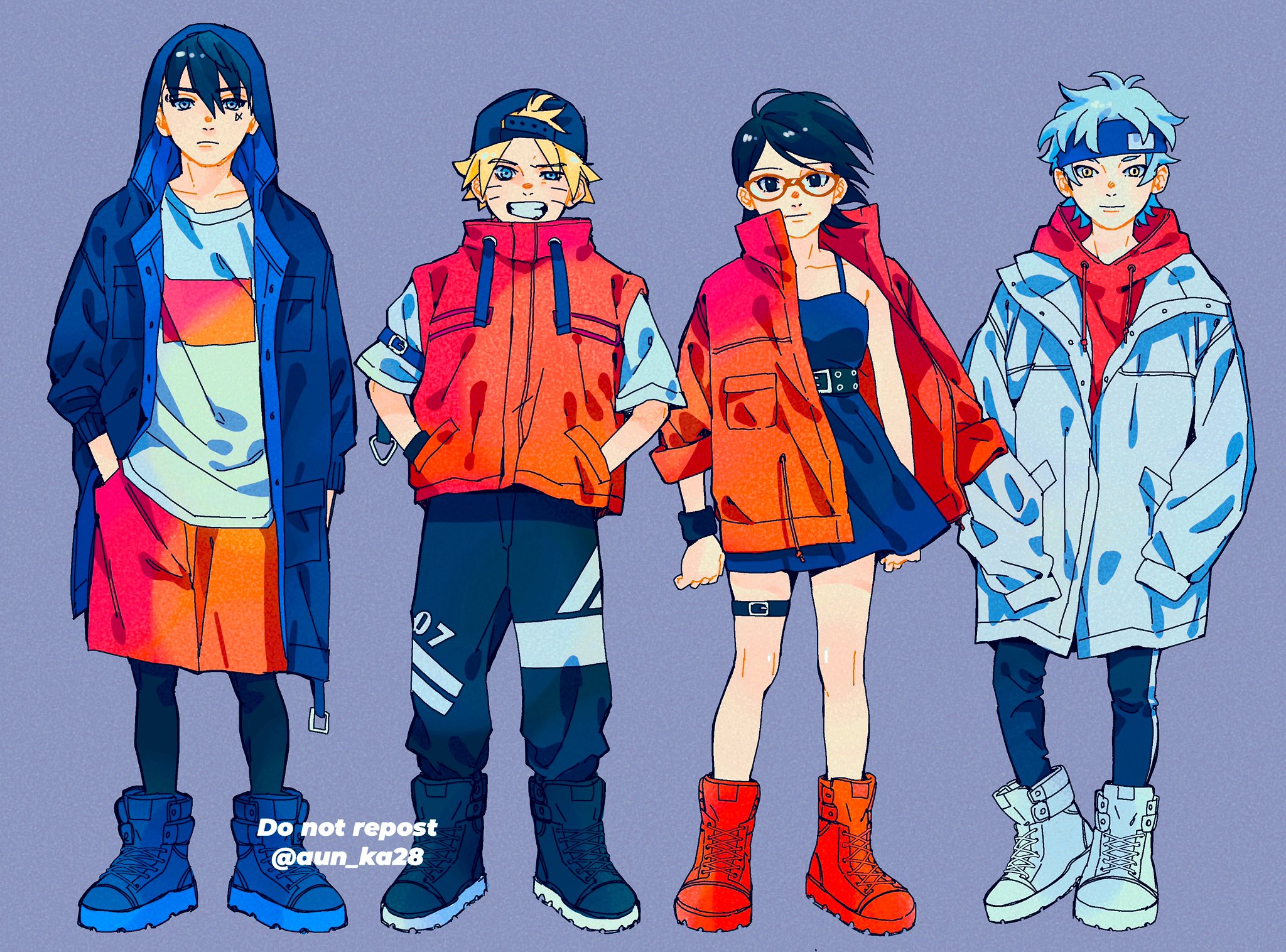onka (aun ka28), kawaki (boruto), mitsuki (naruto), uchiha sarada, uzumaki boruto, boruto: naruto next generations, naruto (series), commentary, highres, backwards hat, black dress, black eyes, black hair, black leggings, black shoes, blonde hair, blue eyes, blue hair, blue shoes, dress, facial mark, facial tattoo, glasses, grin, hand in pocket, hands in pockets, hat, hood, hooded coat, jacket, jacket over hoodie, jacket partially removed, leggings, orange shoes, orange shorts, orange vest, shoes, short dress, short hair, shorts, smile, tattoo, thigh strap, twitter username, vest, watermark, whisker markings, white shoes, wristband