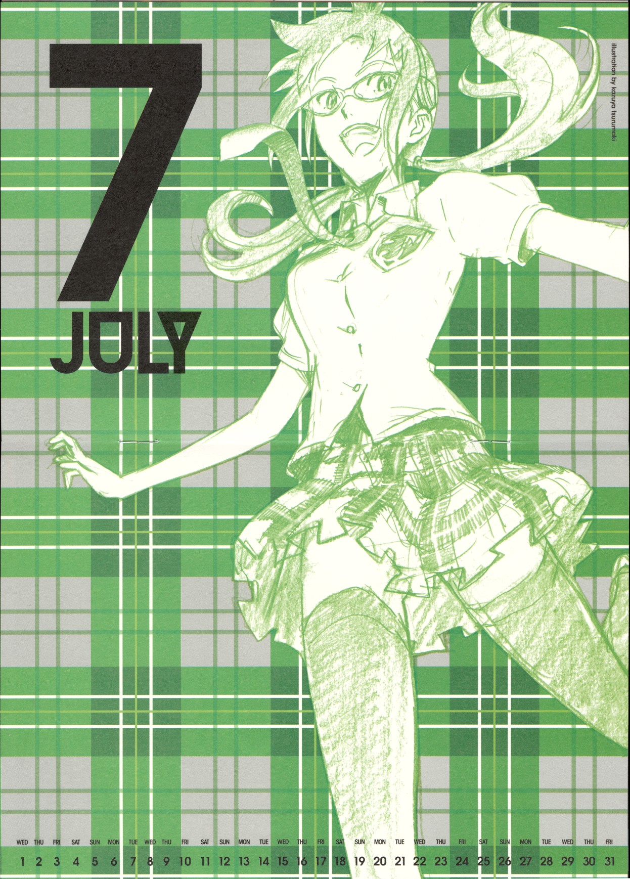 tsurumaki kazuya, makinami mari illustrious, evangelion: 2.0 you can (not) advance, neon genesis evangelion, rebuild of evangelion, highres, scan, 00s, 1girl, calendar, female focus, glasses, green theme, hairband, long hair, monochrome, necktie, plaid clothes, plaid skirt, school uniform, skirt, smile, solo, thighhighs, twintails, zettai ryouiki