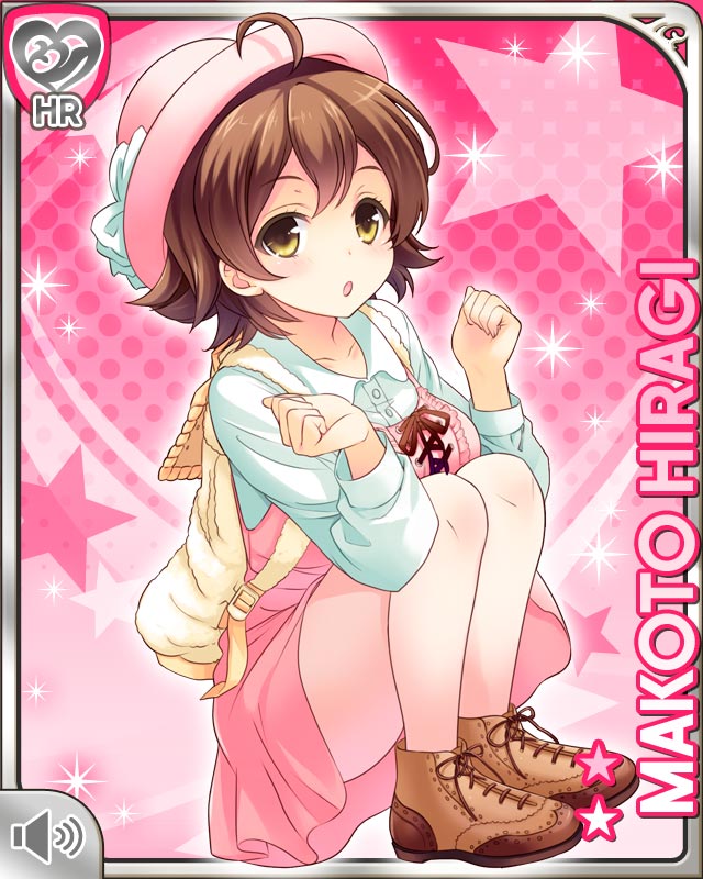 qp:flapper, hiragi makoto (girlfriend (kari)), girlfriend (kari), official art, 1girl, :o, ahoge, backpack, bag, breasts, brown eyes, brown hair, brown ribbon, brown shoes, card (medium), character name, clenched hands, dress, frilled dress, frills, hat, knees, looking at viewer, miniskirt, pantyhose, pink background, pink dress, pink hat, pink pantyhose, ribbon, shirt, shoes, short dress, short hair, skirt, sneakers, solo, squatting, thighs, white shirt, yellow bag