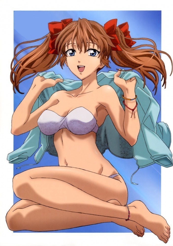 alicia melchiott, megami magazine, senjou no valkyria, senjou no valkyria (series), senjou no valkyria 1, 00s, 1girl, anklet, barefoot, bikini, blue eyes, bow, bra, bracelet, breasts, brown eyes, brown hair, collarbone, feet, female focus, hair ornament, hair ribbon, jacket, jewelry, large breasts, legs, lingerie, navel, panties, red eyes, ribbon, short twintails, solo, swimsuit, twintails, underwear