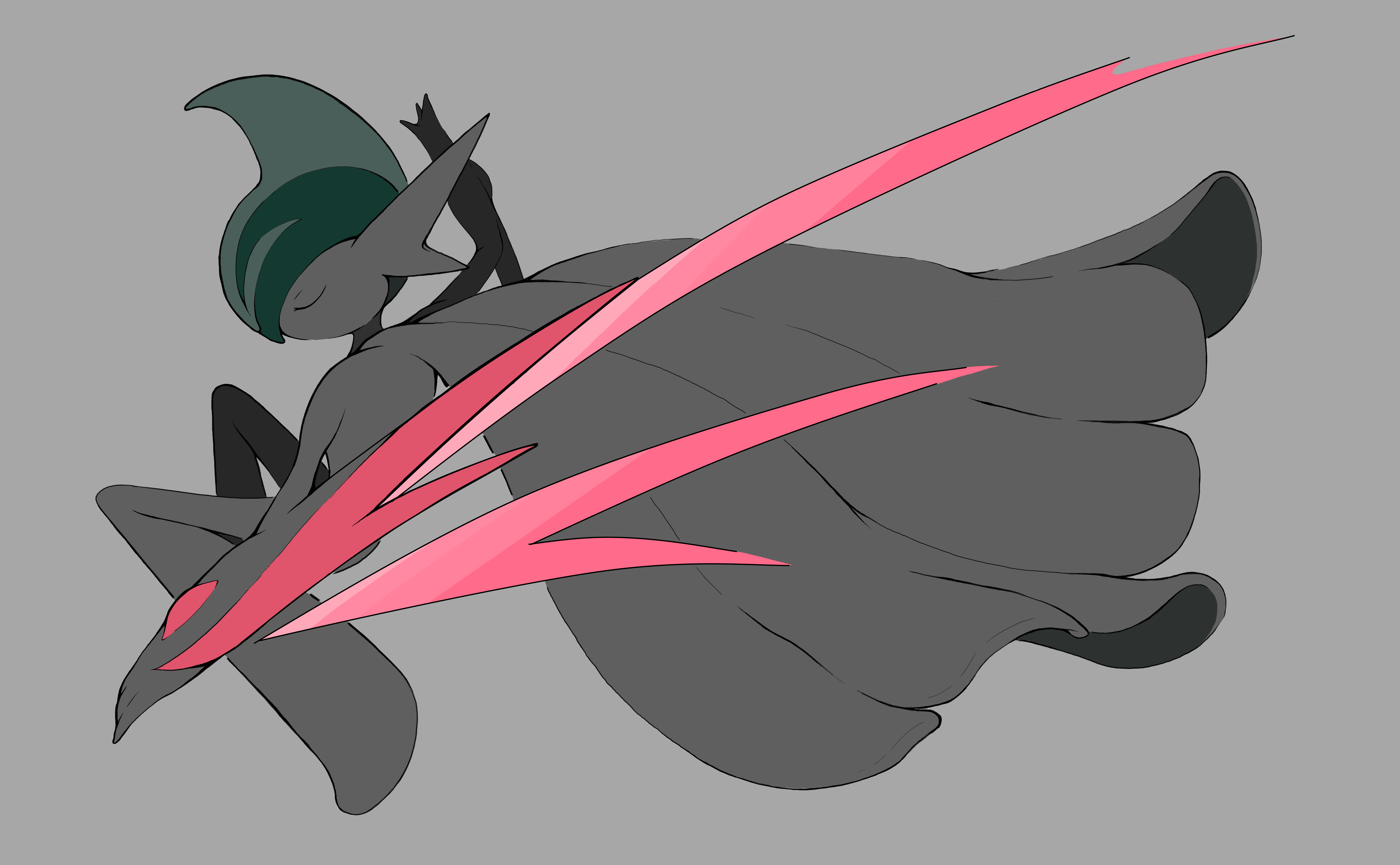 gallade, mega gallade, nintendo, pokemon, absurdres, commentary request, highres, 1other, arm blade, arm up, cape, closed eyes, colored skin, facing to the side, gen 4 pokemon, green hair, grey background, high contrast, knees up, mega pokemon, midair, mohawk, muted color, outstretched arms, pokemon (creature), pokemon focus, weapon, white cape, white skin, wksgork