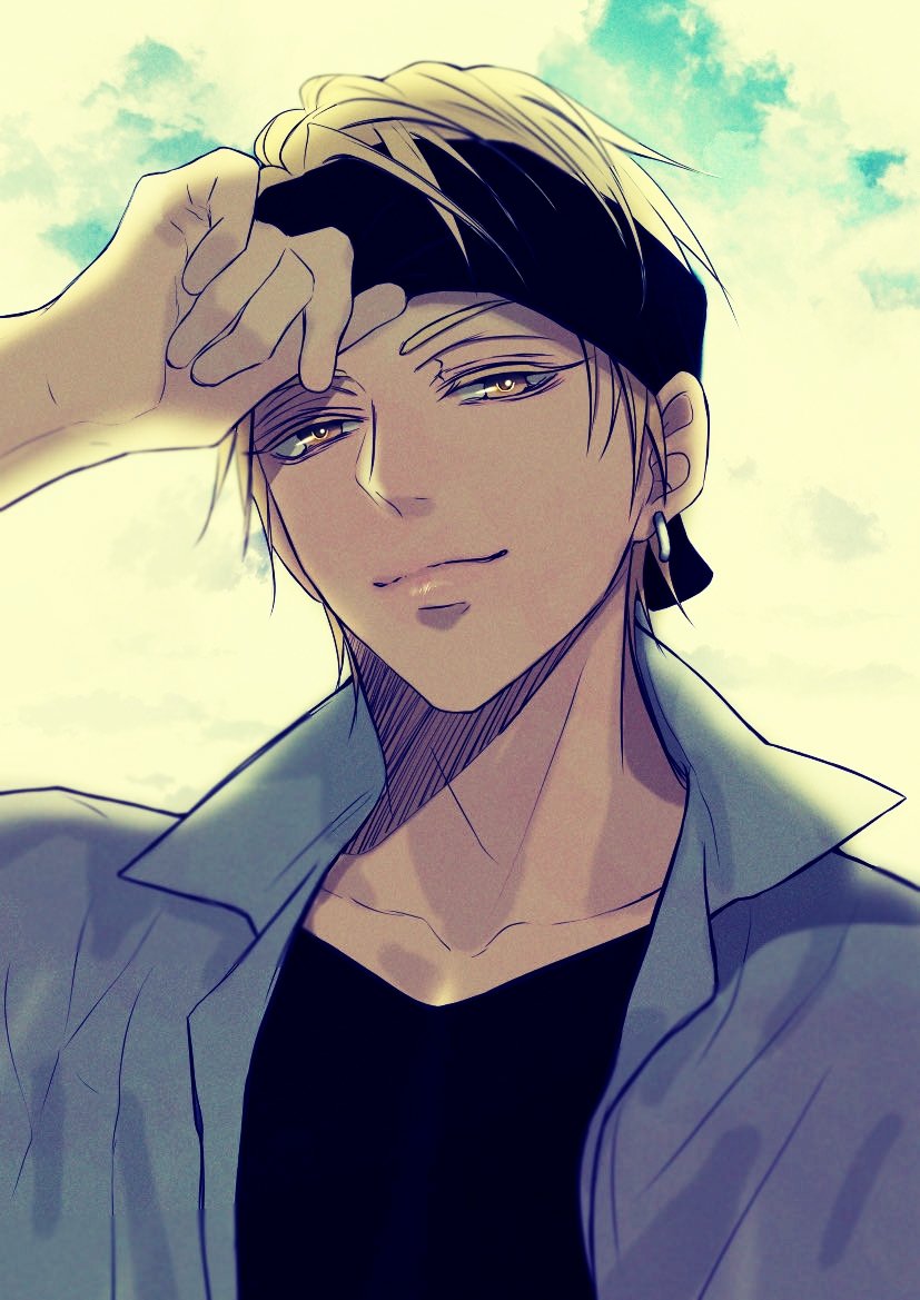 kise ryouta, kuroko no basuke, commentary request, 1boy, arm up, black headband, black shirt, blonde hair, closed mouth, collarbone, collared shirt, earrings, grey shirt, headband, jewelry, looking at viewer, male focus, nichi7711, open clothes, open shirt, piercing, shirt, single earring, smile, solo, upper body, v-neck, yellow eyes