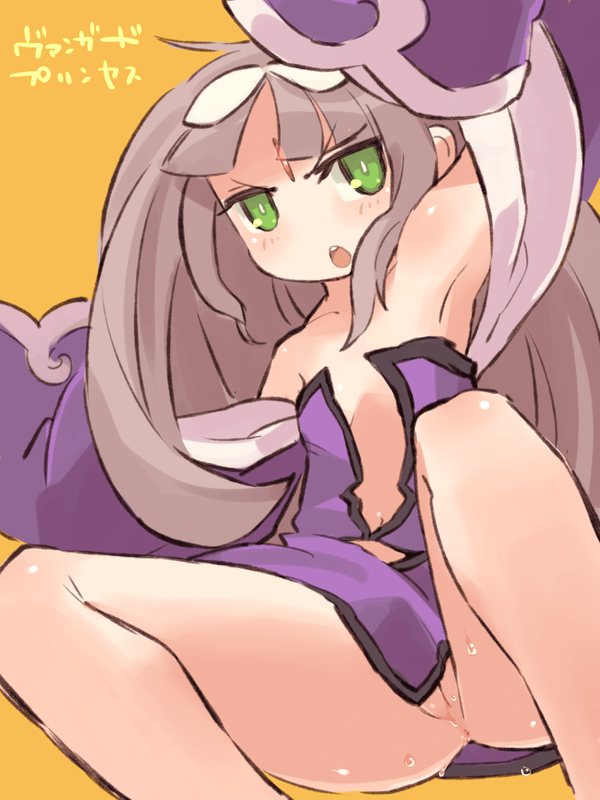 mota, hilda rize, vanguard princess, 1girl, anus, armpits, bottomless, breast clinging, cleft of venus, female focus, flat chest, green eyes, grey hair, loli, no panties, partially visible vulva, pussy, solo, uncensored