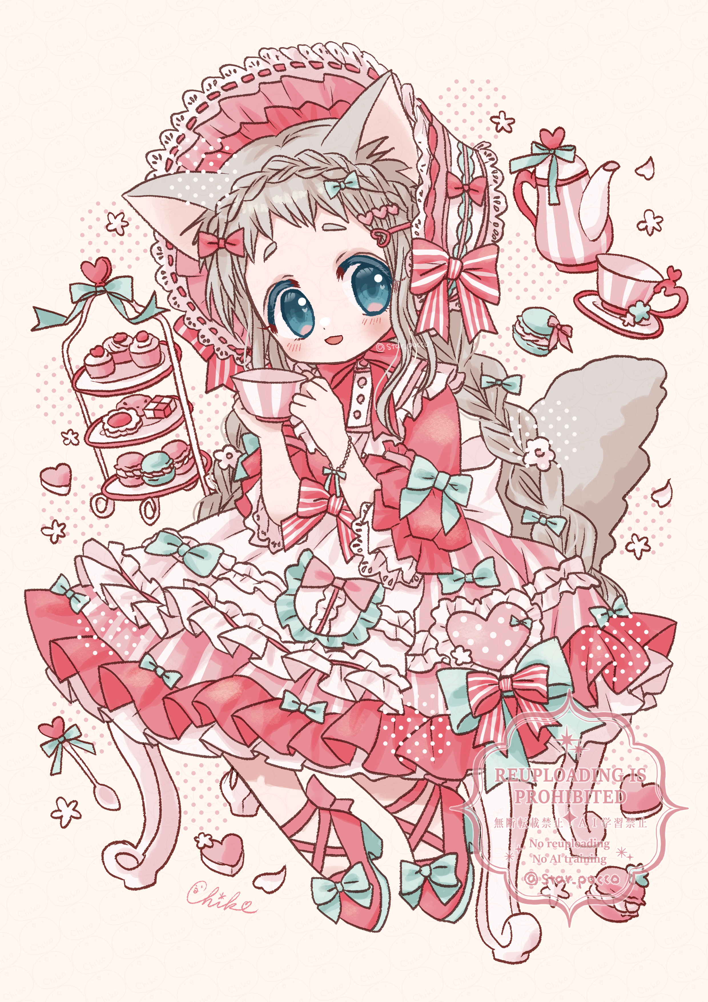 original, absurdres, commentary request, highres, variant set, 1girl, accurate lolita coord, animal ears, aqua eyes, blonde hair, blush, bonnet, bow, braid, cat ears, cat girl, cat tail, chiko (star pocco), crown braid, cup, cupcake, dress, fashion, food, frilled dress, frills, heart, high heels, holding, holding cup, lolita fashion, looking at viewer, low twin braids, macaron, open mouth, pink dress, sitting, smile, solo, sweet lolita, tail, teapot, tiered tray, twin braids, watermark