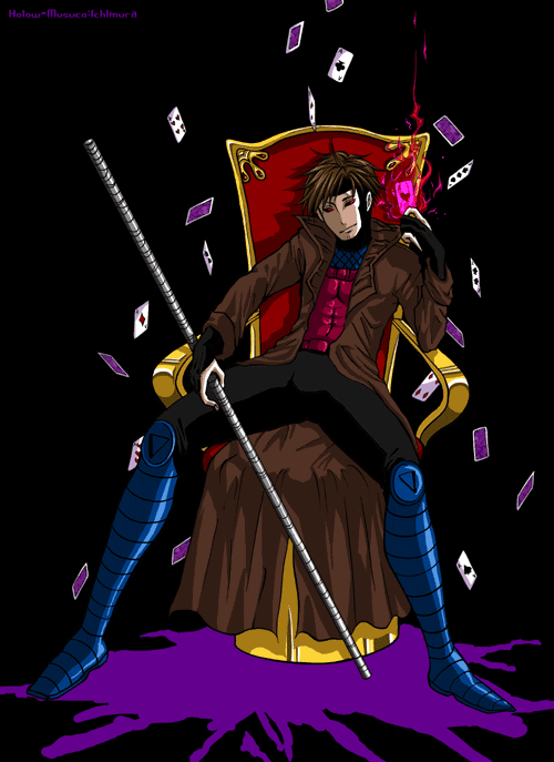 hecomura, gambit, marvel, x-men, brown hair, card, coat, male focus, red eyes, staff, trench coat