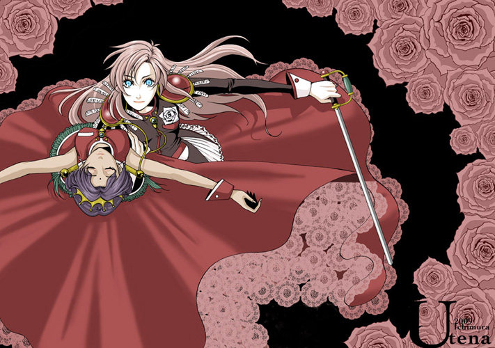 hecomura, himemiya anthy, tenjou utena, shoujo kakumei utena, 1990s (style), 2girls, blue eyes, closed eyes, female focus, flower, multiple girls, purple hair