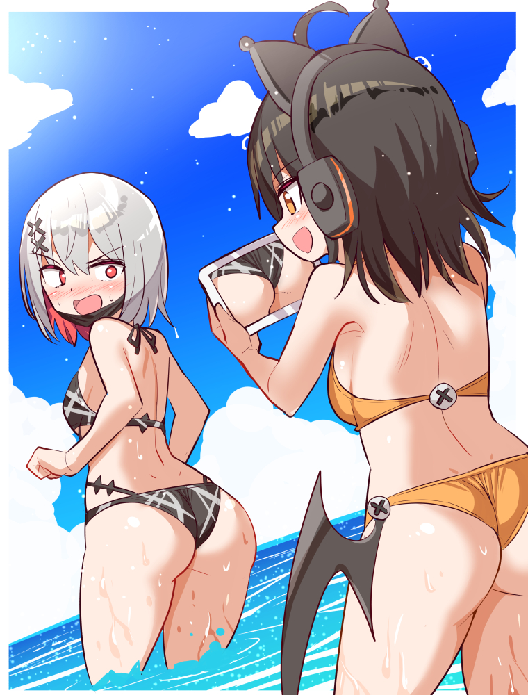 cougar (cougar1404), sawatari coco, shito alisa, mahou shoujo no majo saiban, commentary request, commission, skeb commission, 2girls, animal ear headphones, animal ears, ass, bikini, black bikini, black hair, blush, breasts, cat ear headphones, cat ears, cellphone, colored inner hair, constricted pupils, fake animal ears, grey hair, halterneck, headphones, holding, holding phone, medium breasts, medium hair, multicolored hair, multiple girls, nose blush, ocean, open mouth, orange bikini, phone, red eyes, red hair, small breasts, smartphone, swimsuit, taking picture, wading, water, yellow eyes
