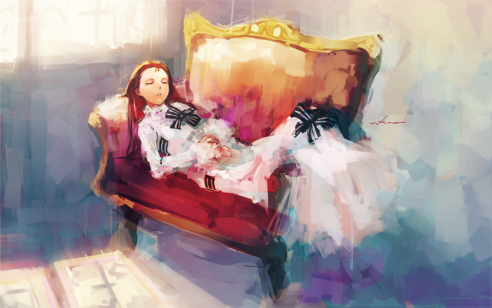 ekao, eliza doolittle, minase iori, idolmaster, idolmaster (classic), my fair lady, bad id, bad pixiv id, highres, 1girl, brown hair, closed eyes, cosplay, couch, dress, eliza doolittle (cosplay), female focus, long hair, lying, on back, red hair, sleeping, solo, white dress