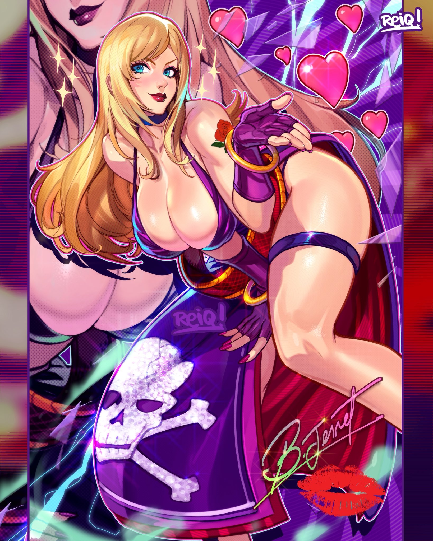 reiq, b. jenet, b.jenet, fatal fury, the king of fighters, 1girl, ass, blonde hair, blue eyes, breasts, dress, gloves, heart, huge ass, huge breasts, large breasts, long hair, pale skin, reiq-art, standing, thick thighs, thighs