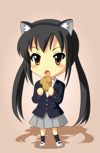 kankurou, nakano azusa, k-on!, animated, animated gif, lowres, 00s, 1girl, animal ears, black hair, blush, cat ears, chibi, eating, female focus, long hair, school uniform, shoes, skirt, solo, twintails, uwabaki