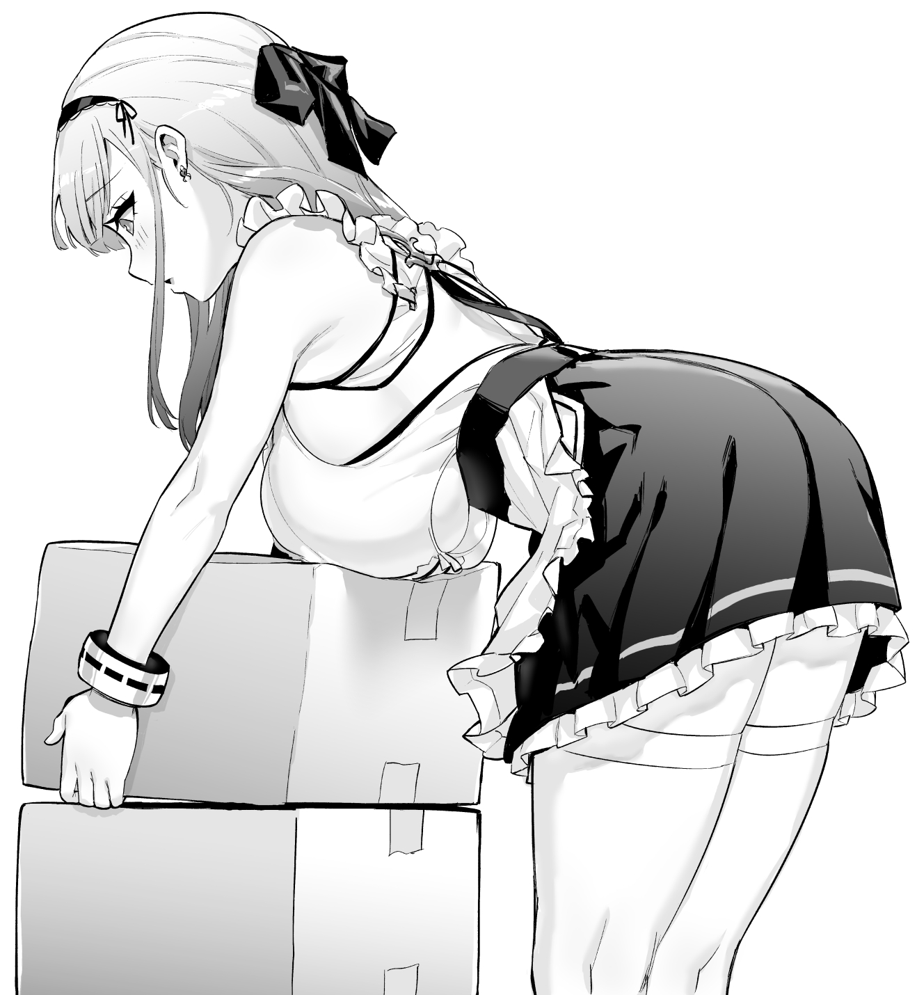 hori (hori no su), dido (azur lane), azur lane, azur lane: slow ahead, commentary, highres, official art, 1girl, apron, bare shoulders, bent over, blush, bow, box, bracelet, breast rest, breasts, clothing cutout, cowboy shot, earrings, eyelashes, frills, greyscale, hair bow, hair ornament, hair ribbon, hairband, holding, holding box, holding stuffed toy, jewelry, lace-trimmed hairband, lace trim, large breasts, long hair, maid, maid apron, monochrome, open mouth, ribbon, sideboob, simple background, sleeveless, solo, stuffed animal, stuffed toy, thighhighs, underboob, underboob cutout, waist apron, white background