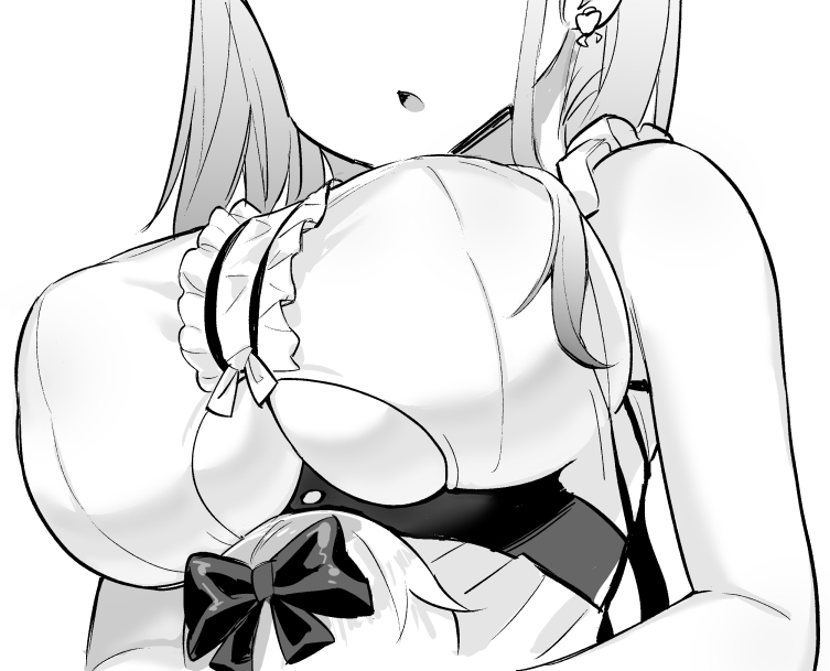 hori (hori no su), dido (azur lane), azur lane, azur lane: slow ahead, commentary, official art, 1girl, bare shoulders, bow, bracelet, breast focus, breasts, chestnut mouth, clothing cutout, earrings, eyes out of frame, frills, greyscale, hair bow, hair ornament, hair ribbon, head out of frame, holding, holding stuffed toy, jewelry, lace trim, large breasts, long hair, maid, monochrome, open mouth, ribbon, sideboob, simple background, sleeveless, solo, stuffed animal, stuffed toy, underboob, underboob cutout, upper body, white background