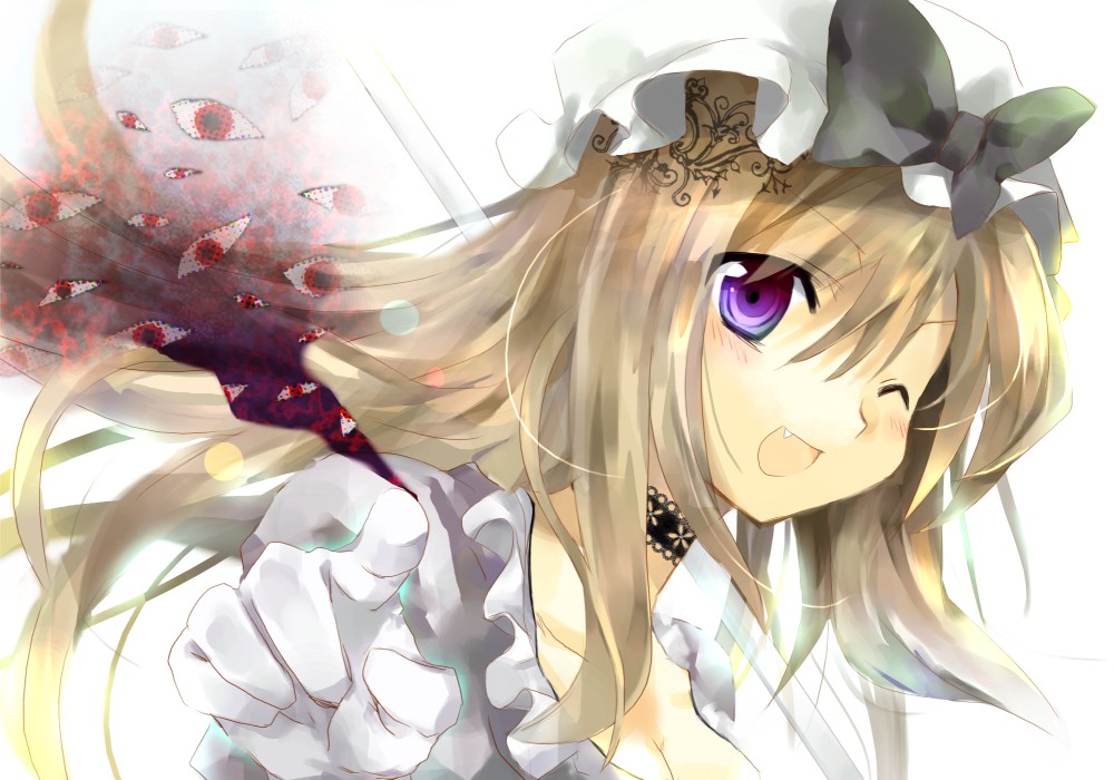 jin rikuri, yakumo yukari, touhou, resized, 1girl, :d, blonde hair, blush, choker, fang, female focus, foreshortening, gap (touhou), gloves, hat, looking at viewer, one eye closed, open mouth, pointing, purple eyes, ribbon, smile, white gloves, wink