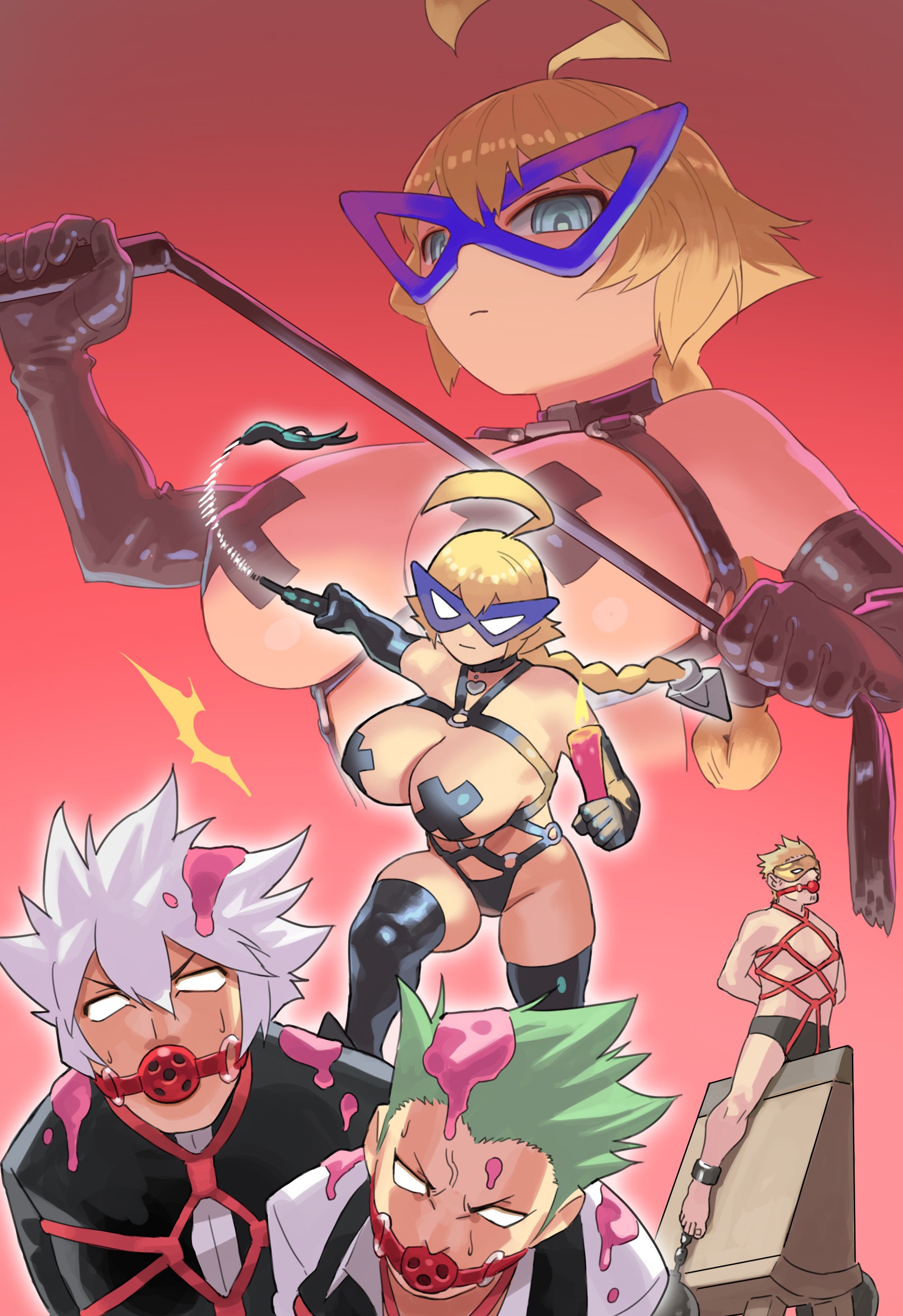 narisokonai, es (xblaze), hazama, ragna the bloodedge, relius clover, blazblue, absurdres, commentary request, highres, 1girl, 3boys, ahoge, bdsm, black collar, black gloves, black male underwear, black thighhighs, blank eyes, blonde hair, blue eyes, bondage, bondage outfit, bound, braid, braided ponytail, breasts, briefs, can, candle wax, cat o' nine tails, collar, cross, cross pasties, dominatrix, domino mask, elbow gloves, eye mask, femdom, gag, gloves, green hair, holding, holding can, holding whip, large breasts, male underwear, mask, multiple boys, o-ring, pasties, shibari, shibari over clothes, single braid, thighhighs, underwear, wax play, whip, whipping, white hair, wiffle gag, wooden horse