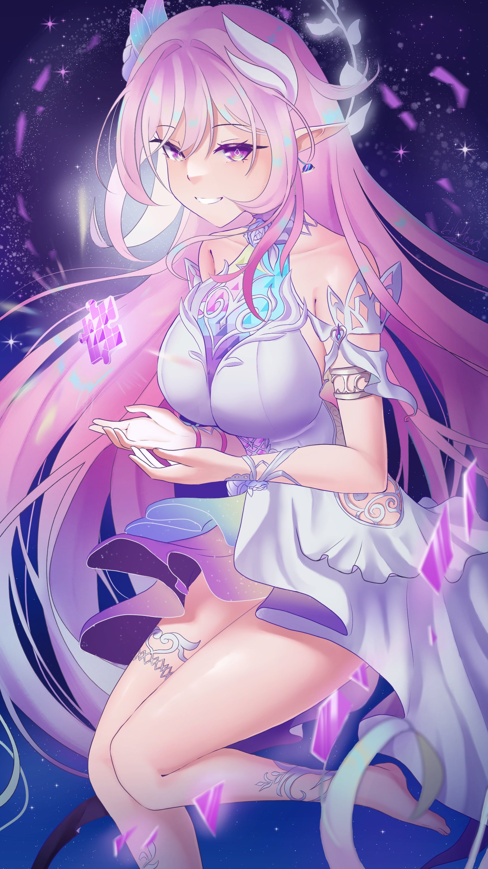 cyrene (honkai: star rail), cyrene (ripples of past reverie) (honkai: star rail), honkai: star rail, honkai (series), absurdres, commentary request, highres, 1girl, bare shoulders, barefoot, breasts, dress, earrings, feet, halo, jewelry, large breasts, lilyheart548, long hair, multicolored hair, pink hair, pointy ears, purple eyes, puzzle piece, smile, solo, space, thighs, two-tone hair, very long hair, white dress, white hair