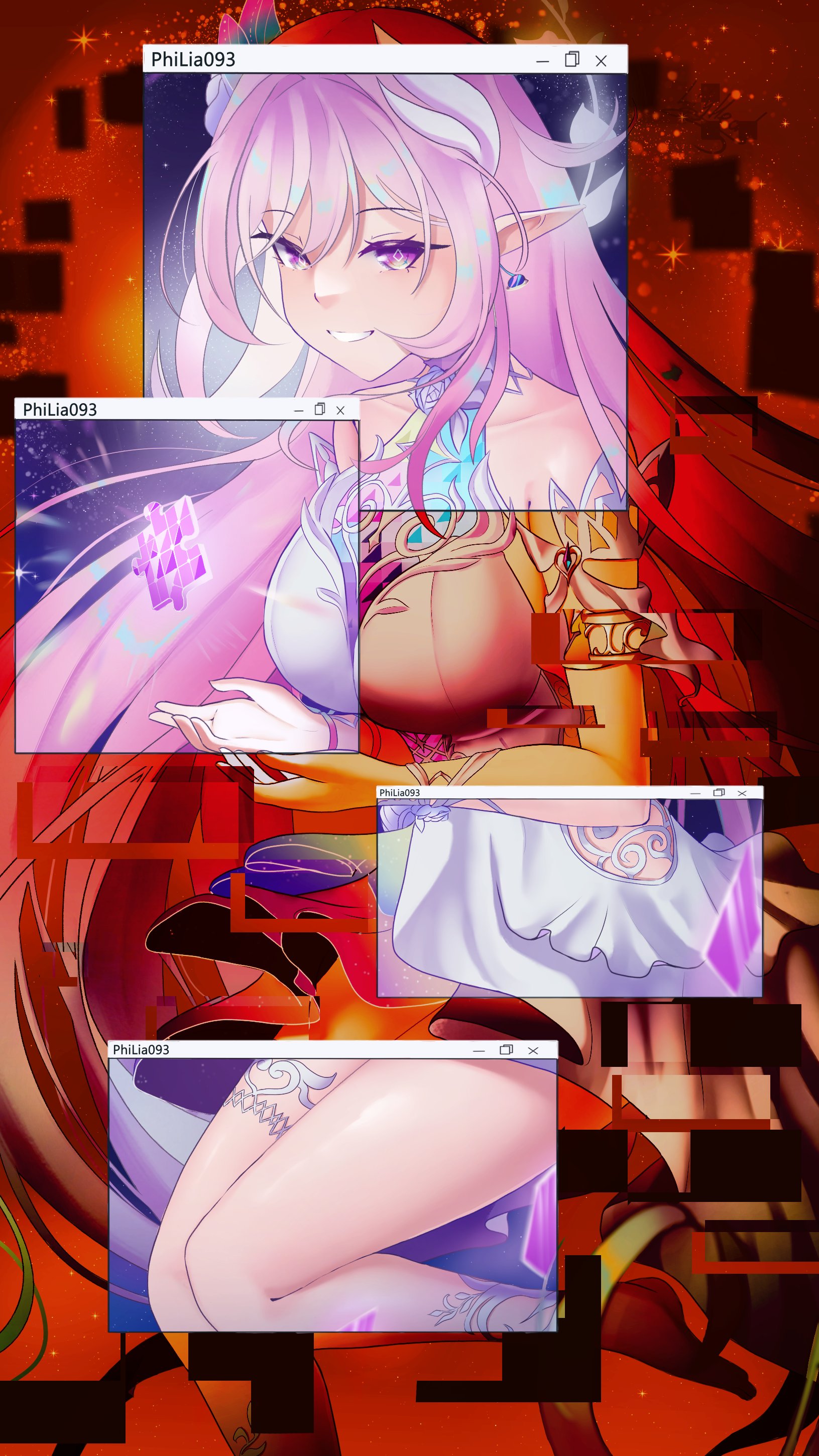 cyrene (honkai: star rail), cyrene (ripples of past reverie) (honkai: star rail), honkai: star rail, honkai (series), absurdres, commentary, english commentary, highres, 1girl, bare shoulders, barefoot, breasts, dress, earrings, feet, glitch, halo, jewelry, large breasts, lilyheart548, long hair, multicolored hair, pink hair, pointy ears, purple eyes, puzzle piece, smile, solo, space, thighs, two-tone hair, very long hair, white dress, white hair