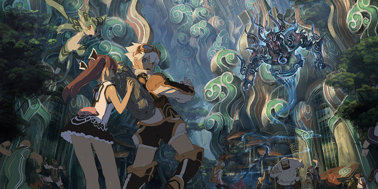 nouzui, bad id, bad pixiv id, 1girl, 6+boys, backpack, bag, bald, bare shoulders, blue eyes, boots, brown hair, demon, dress, fleeing, flying, goggles, hood, hoodie, long hair, looking back, miniskirt, multiple boys, pouch, randoseru, running, shorts, skirt, spiked hair, tree, twintails, unknown animal