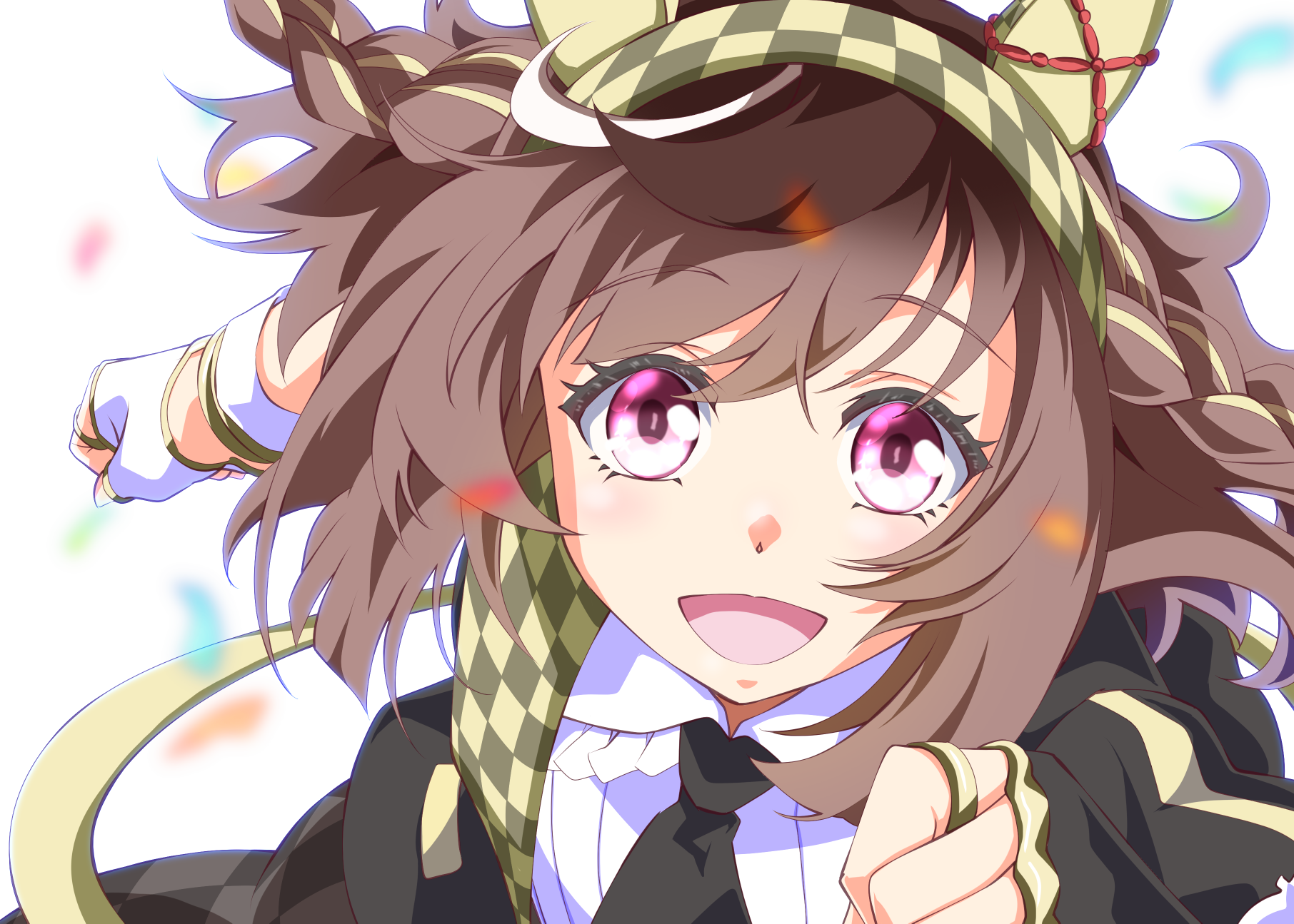 zukki (bijitaru), buena vista (heroina inocente) (umamusume), buena vista (umamusume), umamusume, highres, 1girl, animal ears, asymmetrical gloves, black gloves, black jacket, black necktie, blush, braid, breasts, brown hair, checkered hairband, collared shirt, confetti, ear covers, fingerless gloves, gloves, hair between eyes, hair ornament, hairband, headband, horse ears, horse girl, jacket, jewelry, looking at viewer, medium hair, mismatched gloves, necktie, open mouth, purple eyes, ring, running, shirt, smile, solo, white gloves, white shirt