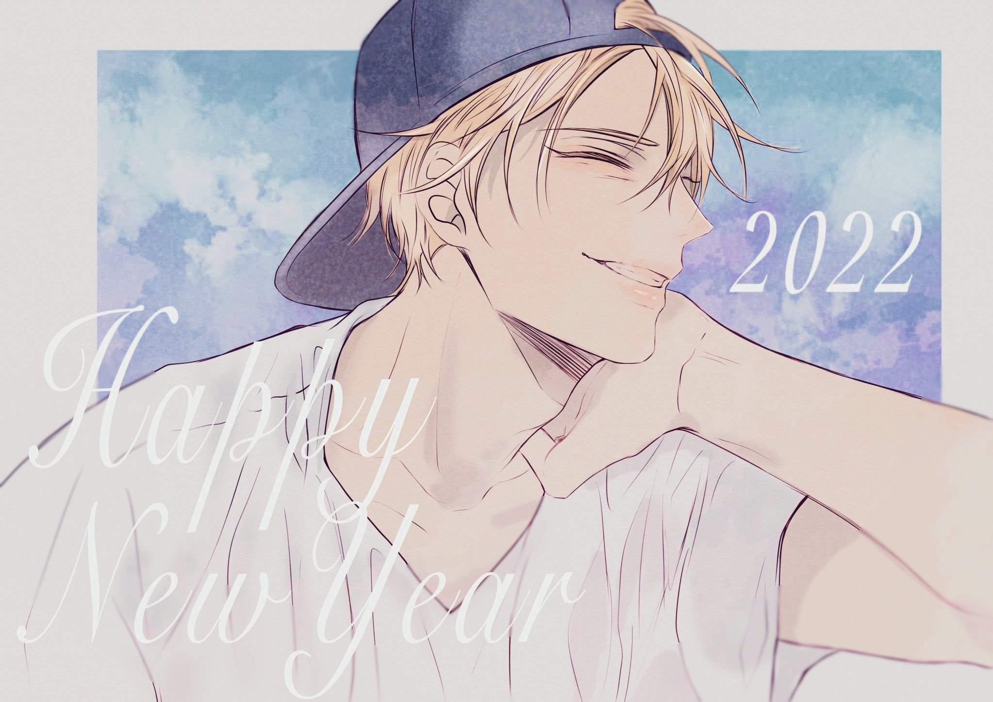 kise ryouta, kuroko no basuke, commentary request, highres, 1boy, 2022, adam's apple, arm up, backwards hat, baseball cap, blonde hair, border, closed eyes, collarbone, dated, english text, grin, hand on own face, happy new year, hat, male focus, new year, nichi7711, outside border, parted hair, shirt, short sleeves, smile, solo, t-shirt, teeth, v-neck, white border, white shirt